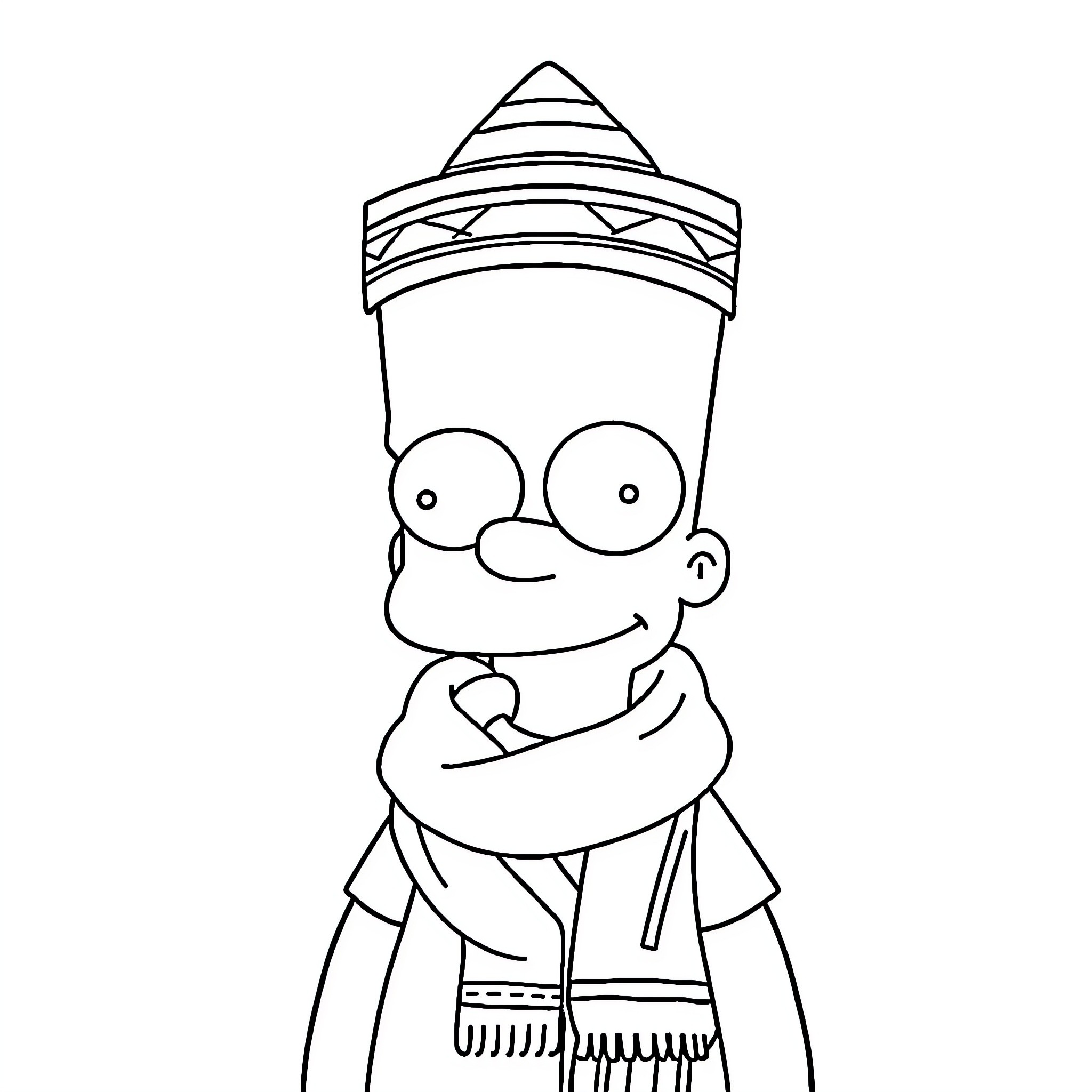 Bart Simpson in winter clothing Coloring Page (free black-and-white line drawing printable PDF for all, from beginners to advanced learners, including children, teens, adults, and seniors)