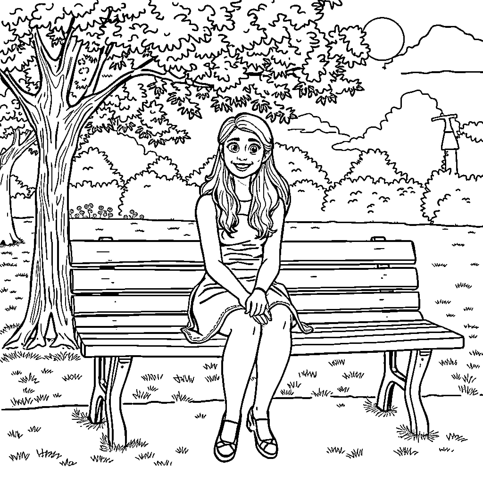Bronwyn enjoying a peaceful moment on the park bench Coloring Page (free black-and-white line drawing printable PDF for all, from beginners to advanced learners, including children, teens, adults, and seniors)