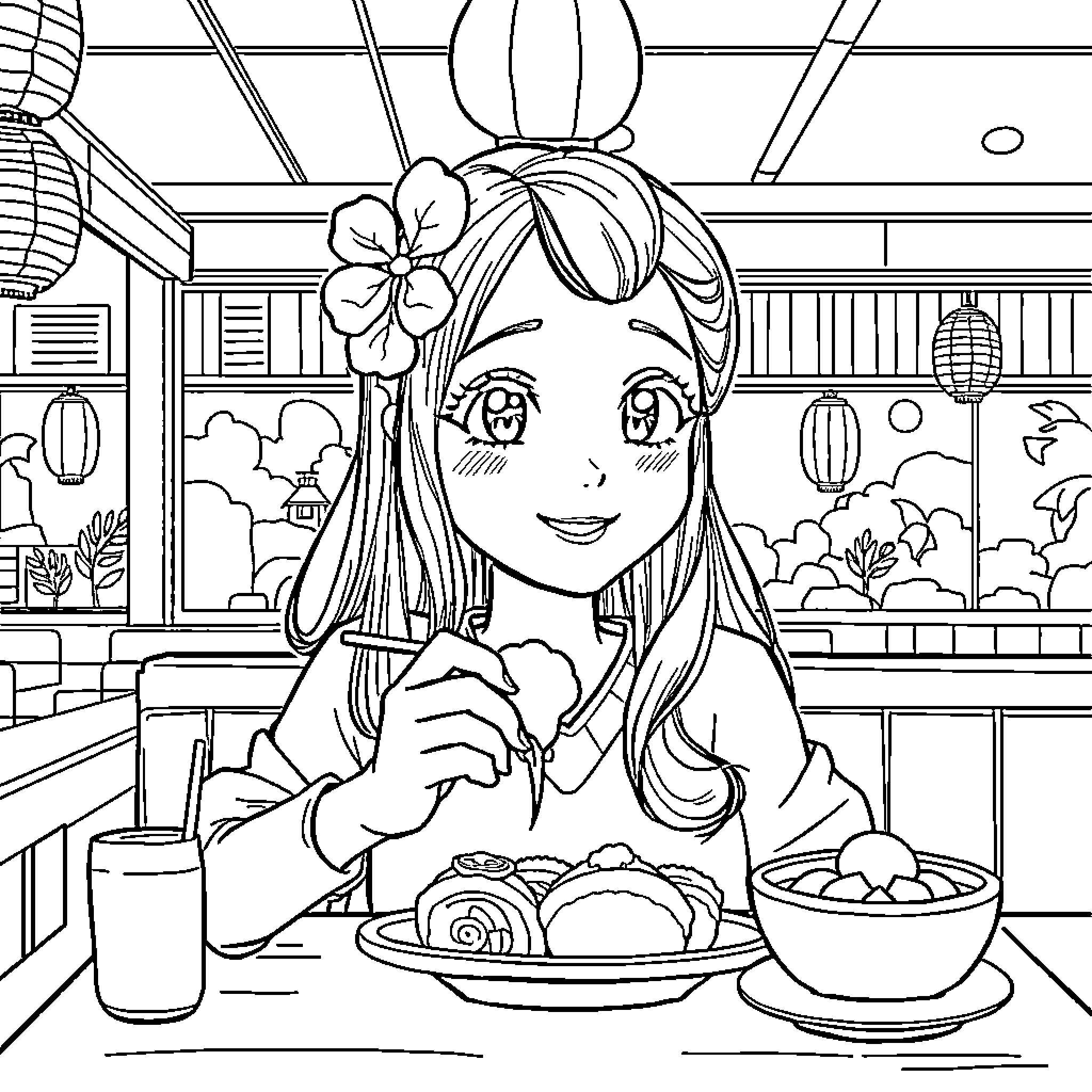 Sakura enjoying a traditional Japanese meal Coloring Page (free black-and-white line drawing printable PDF for all, from beginners to advanced learners, including children, teens, adults, and seniors)