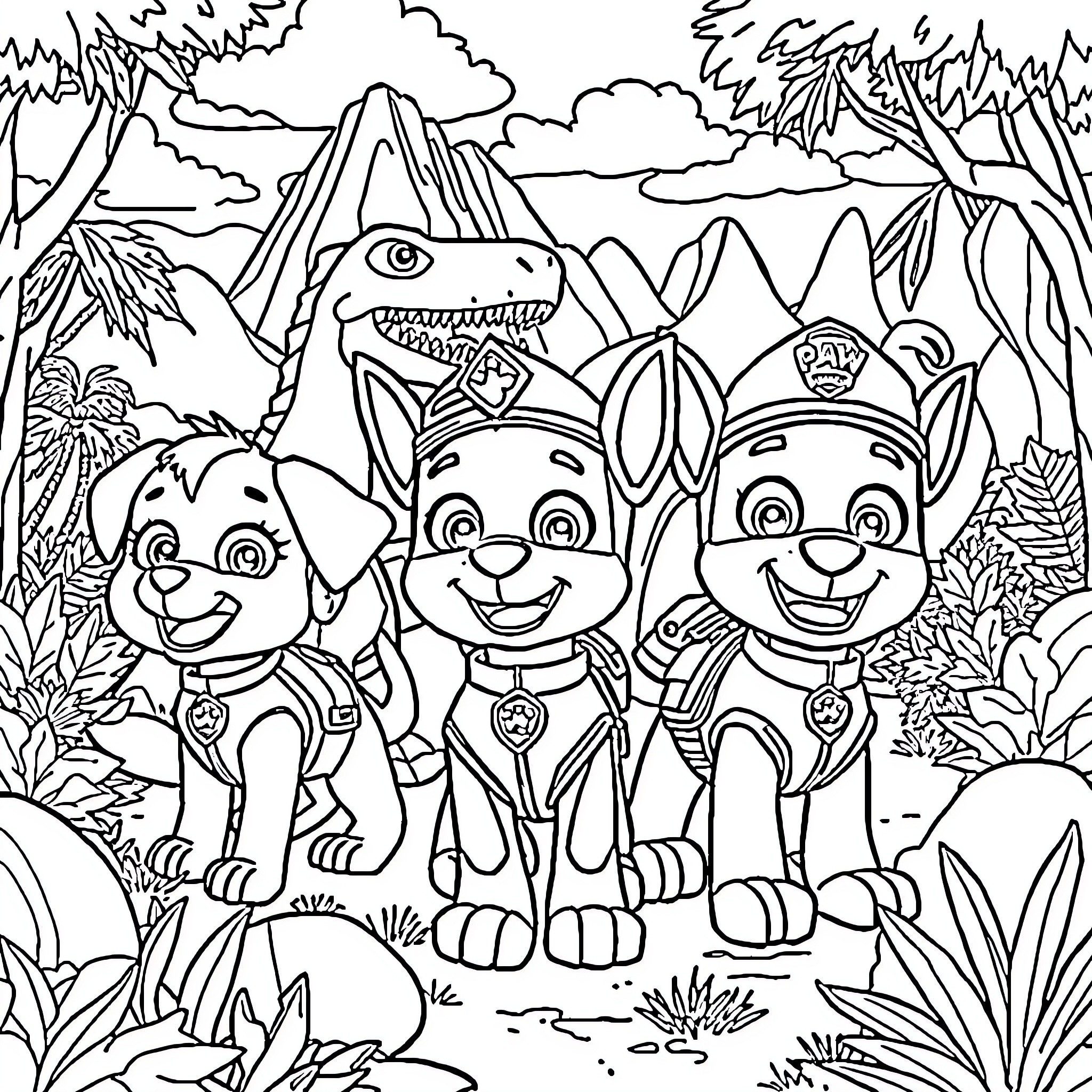 Paw Patrol Pups Exploring the Jungle Adventure Coloring Page (free black-and-white line drawing printable PDF for all, from beginners to advanced learners, including children, teens, adults, and seniors)