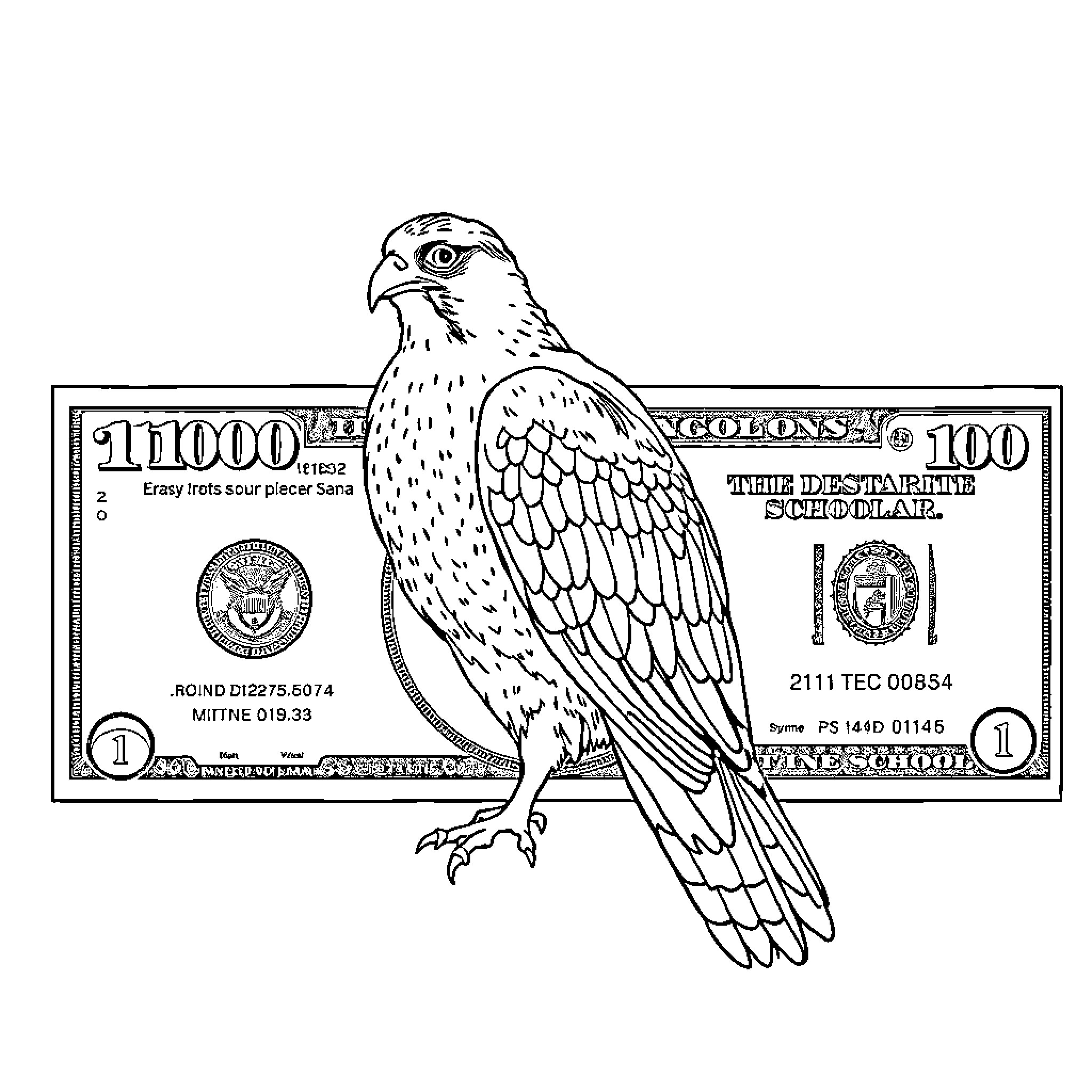 Dollar Bill with Majestic Bird Emblem Coloring Page (free black-and-white line drawing printable PDF for all, from beginners to advanced learners, including children, teens, adults, and seniors)