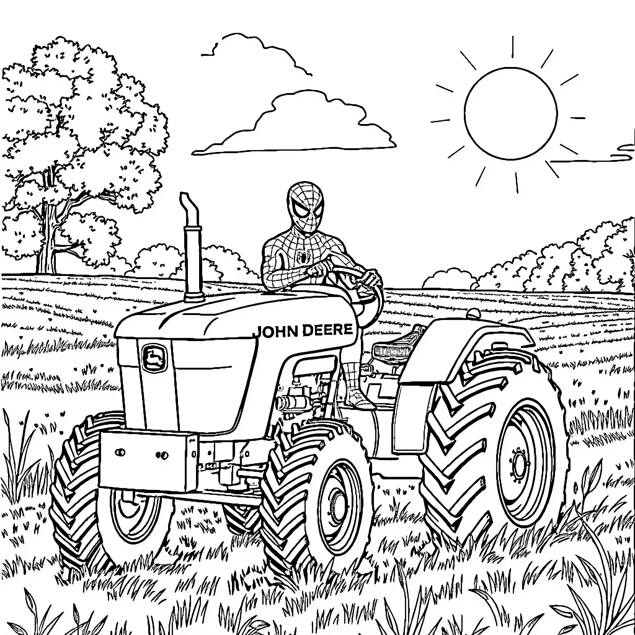 Spiderman Driving a John Deere Tractor in the Countryside Coloring Page (free black-and-white line drawing printable PDF for all, from beginners to advanced learners, including children, teens, adults, and seniors)