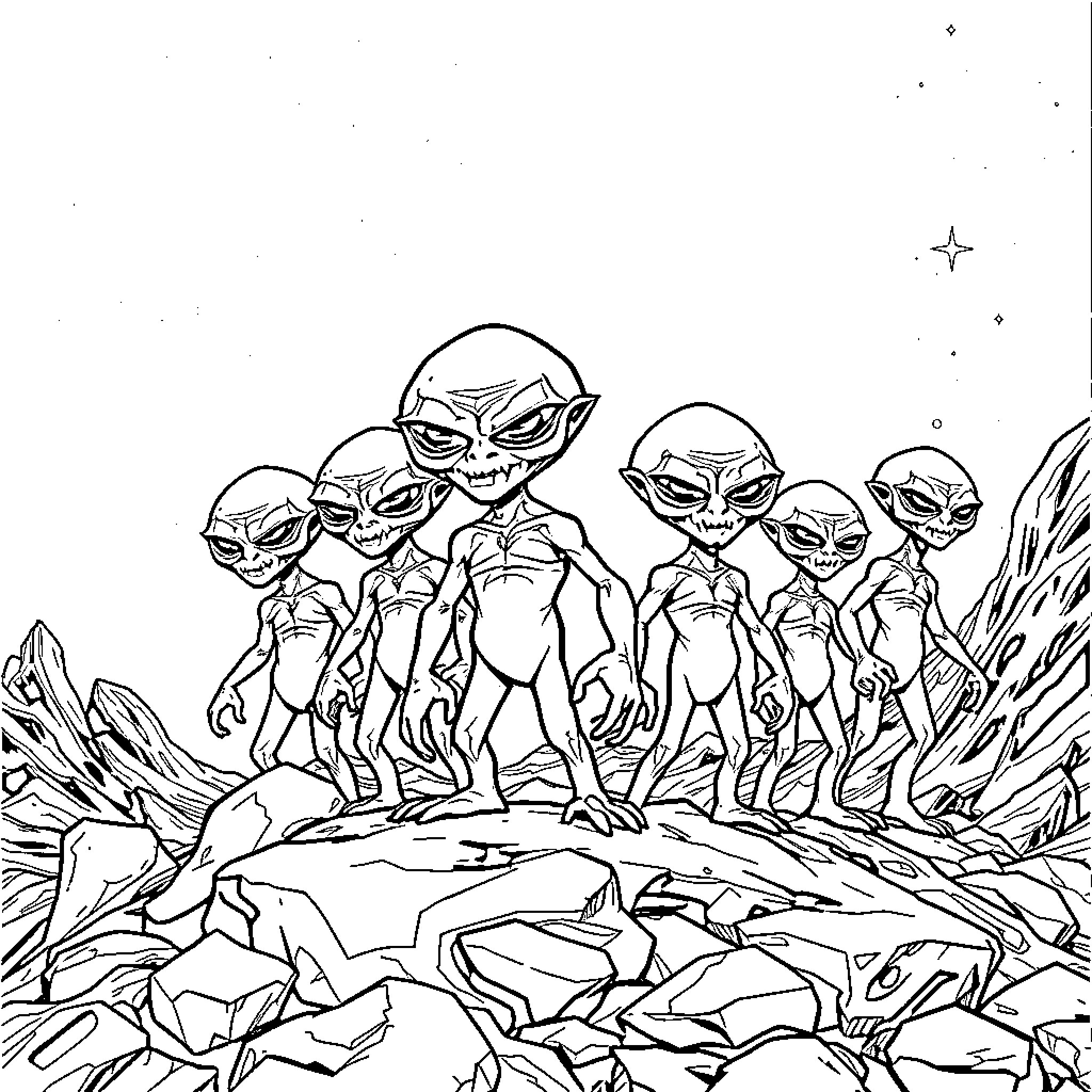Alien beings gathered on rocky terrain Coloring Page (free black-and-white line drawing printable PDF for all, from beginners to advanced learners, including children, teens, adults, and seniors)