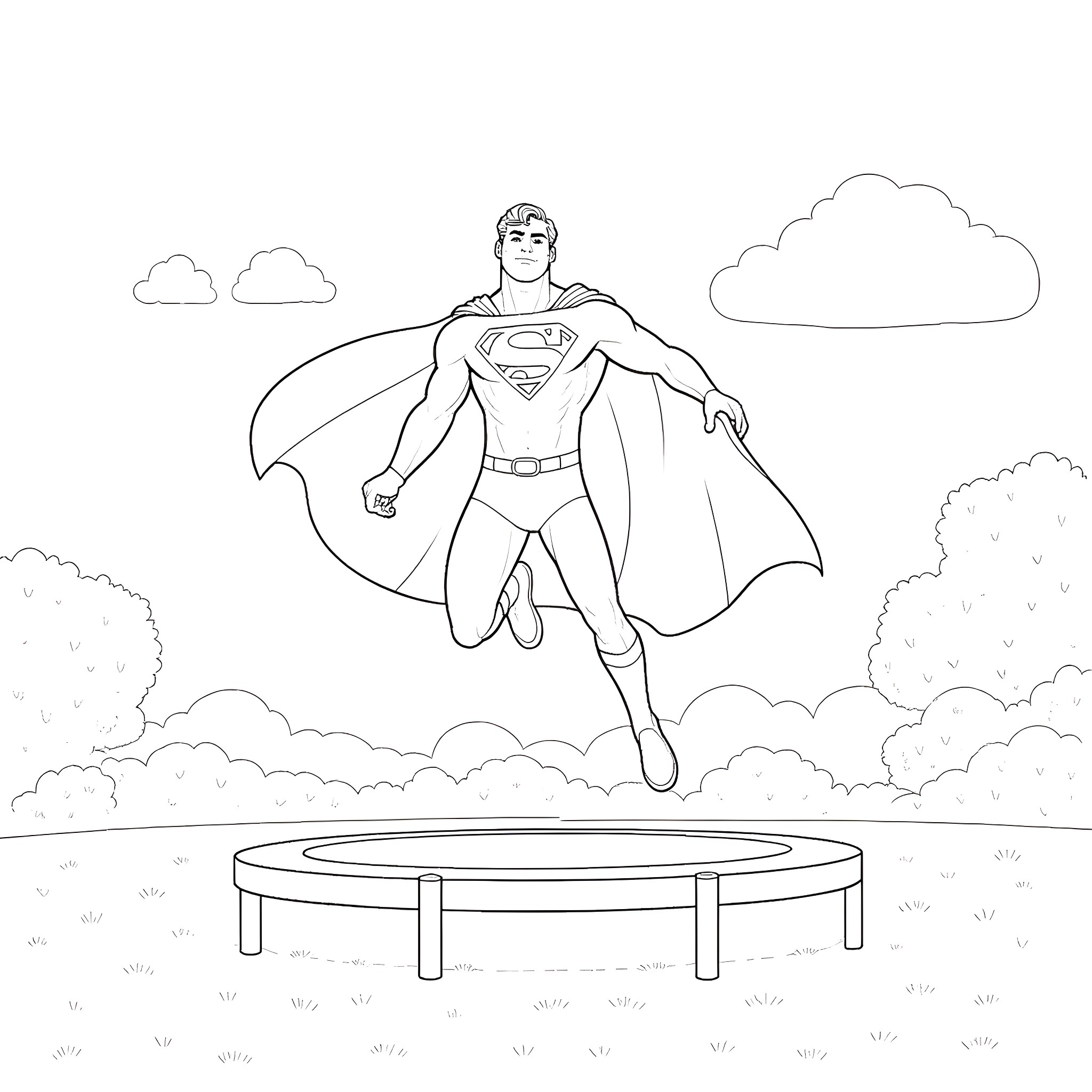 Superman soaring above clouds and trampoline Coloring Page (free black-and-white line drawing printable PDF for all, from beginners to advanced learners, including children, teens, adults, and seniors)