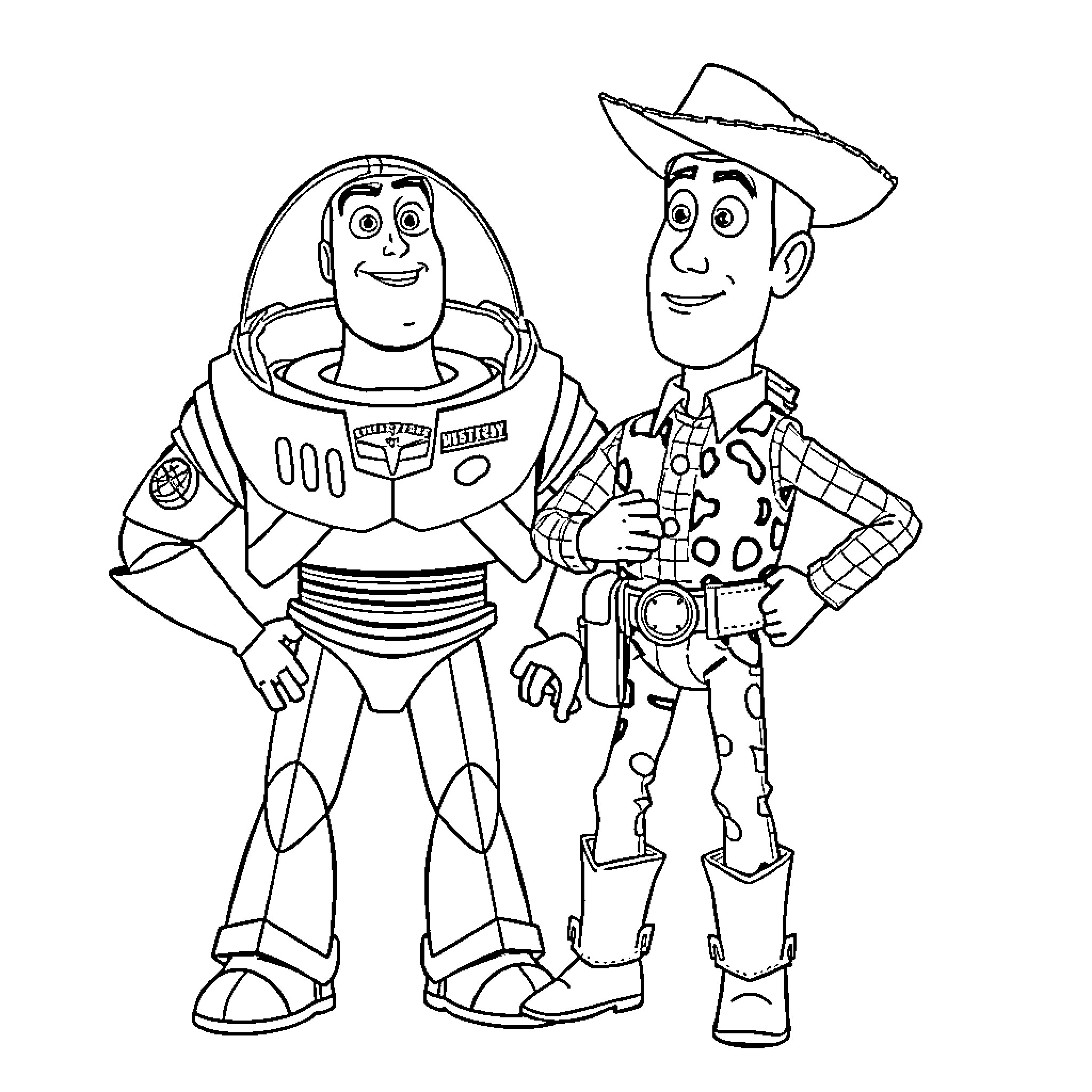 Buzz Lightyear and Woody in Heroic Poses Coloring Page (free black-and-white line drawing printable PDF for all, from beginners to advanced learners, including children, teens, adults, and seniors)