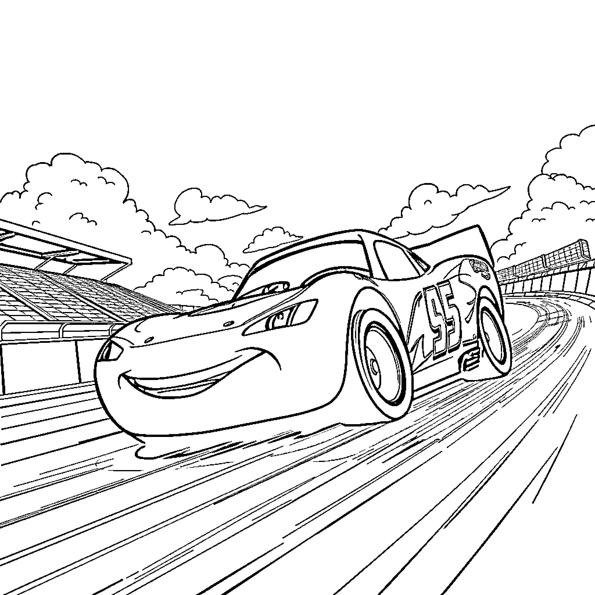 Lightning McQueen racing on the track Coloring Page (free black-and-white line drawing printable PDF for all, from beginners to advanced learners, including children, teens, adults, and seniors)