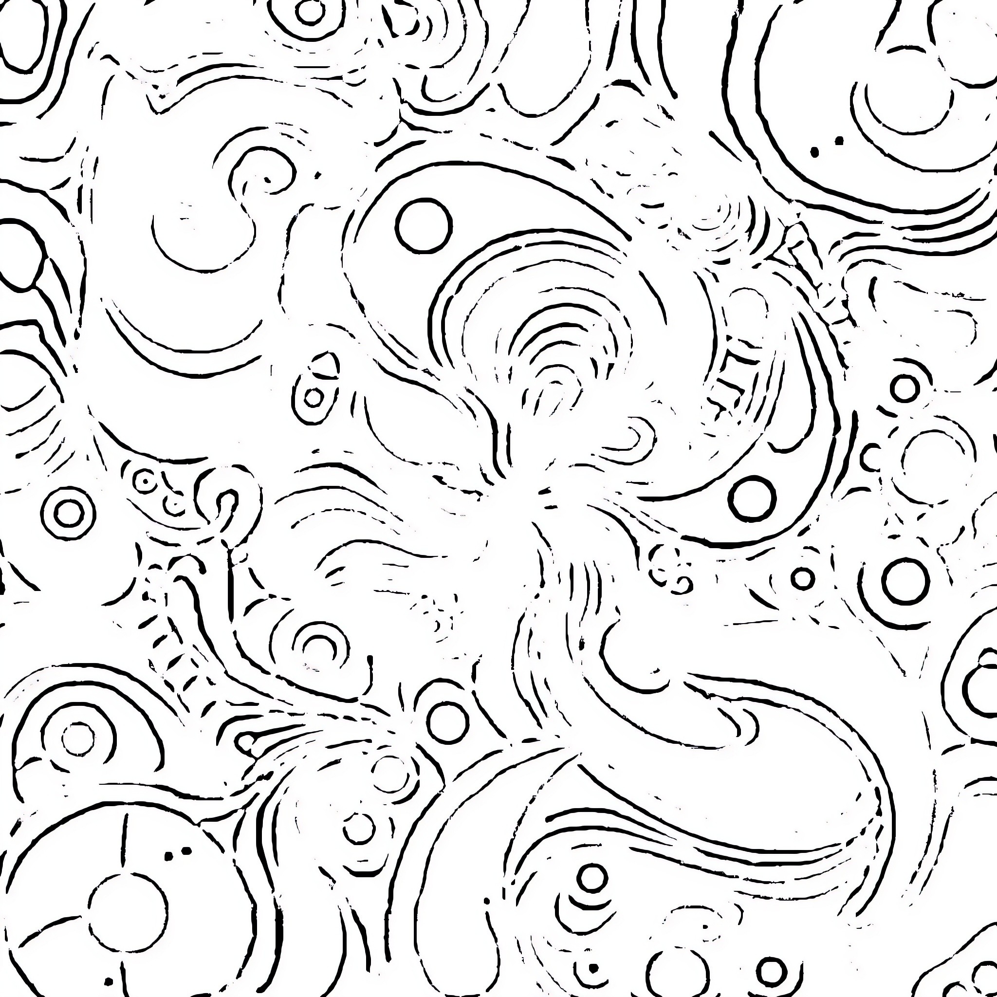 Psychedelic Swirls and Patterns Coloring Page (free black-and-white line drawing printable PDF for all, from beginners to advanced learners, including children, teens, adults, and seniors)