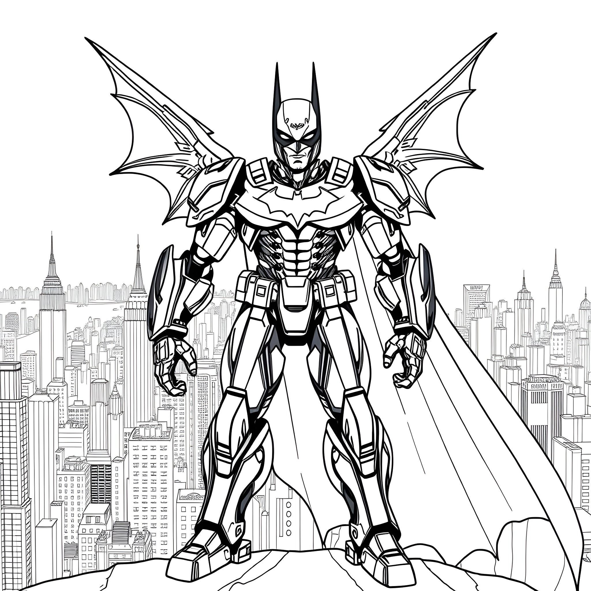 Mecha Batman Stands Guard Over Gotham City Coloring Page (free black-and-white line drawing printable PDF for all, from beginners to advanced learners, including children, teens, adults, and seniors)