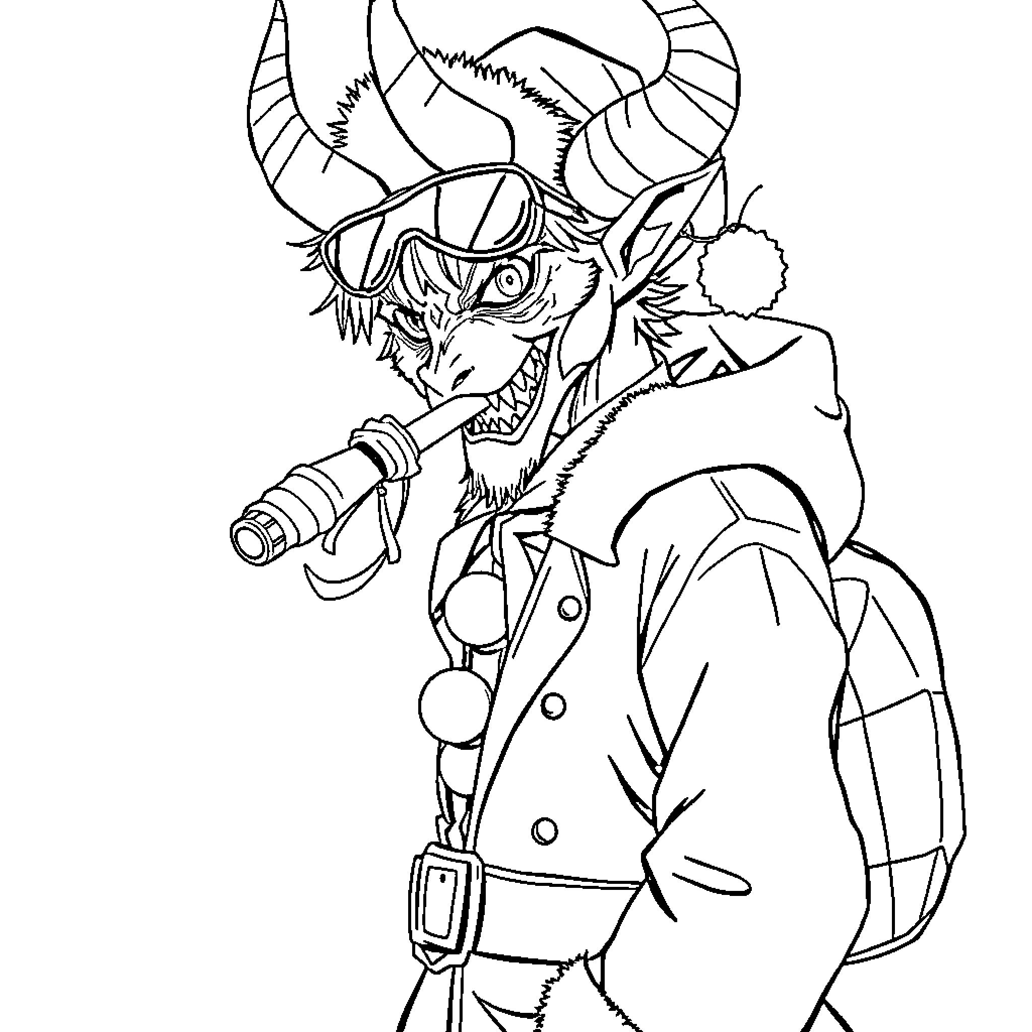 Kpop Hunter in Outrageous Outfit and Adventurous Pose Coloring Page (free black-and-white line drawing printable PDF for all, from beginners to advanced learners, including children, teens, adults, and seniors)