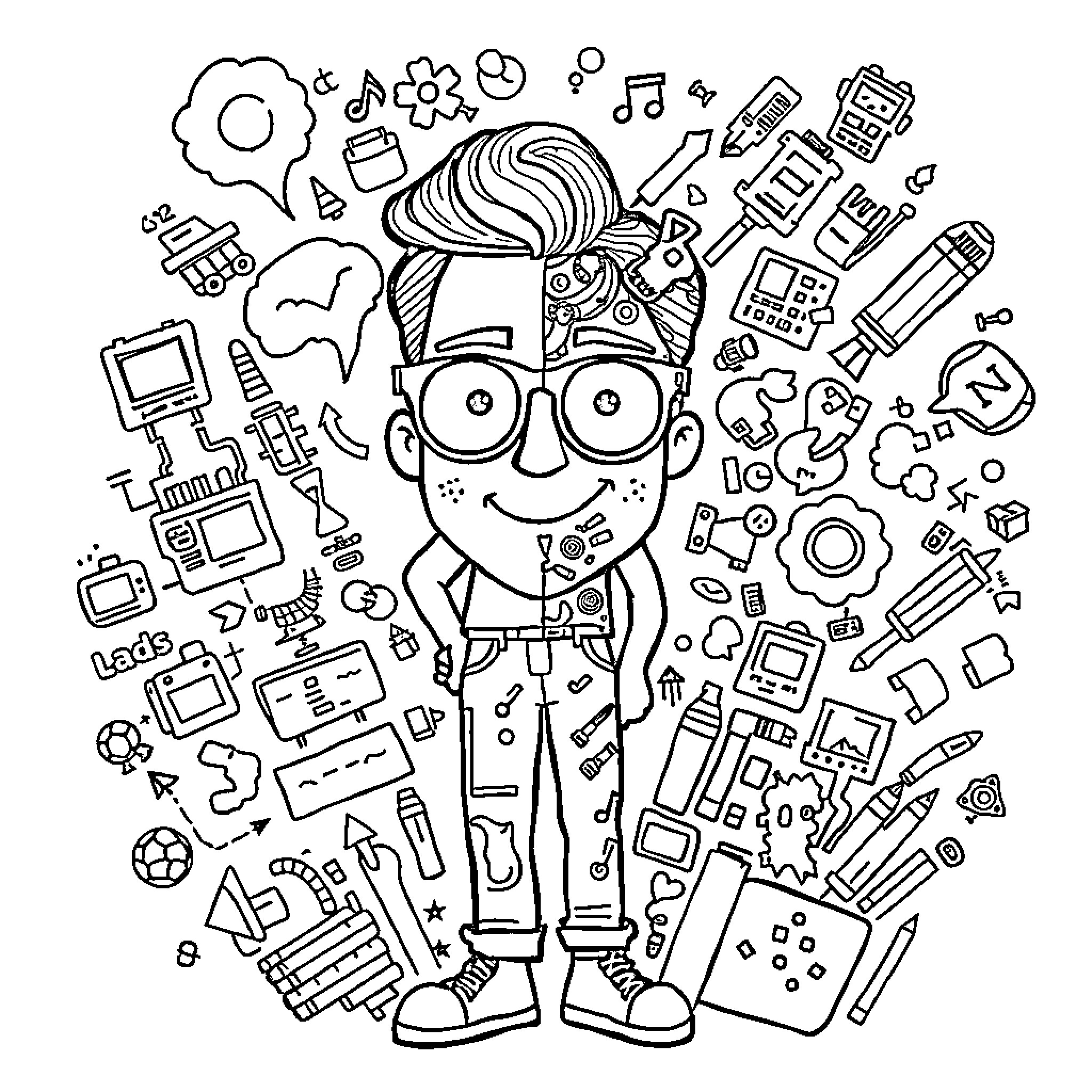 Teacher surrounded by educational tools and supplies Coloring Page (free black-and-white line drawing printable PDF for all, from beginners to advanced learners, including children, teens, adults, and seniors)