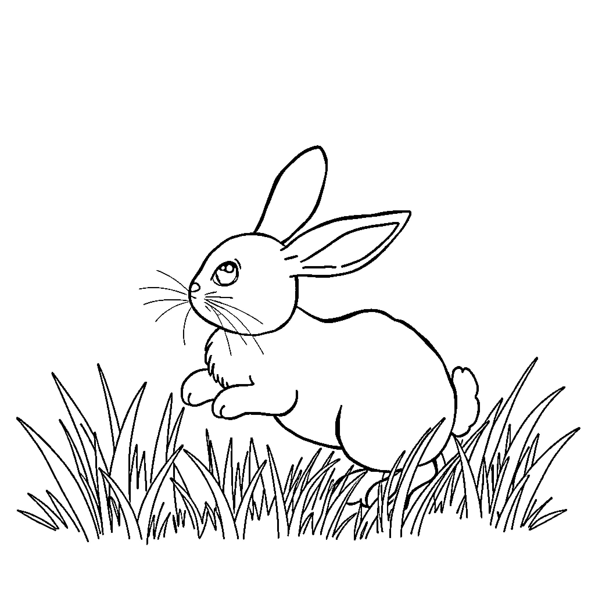 Bunny sitting in the grass Coloring Page (free black-and-white line drawing printable PDF for all, from beginners to advanced learners, including children, teens, adults, and seniors)
