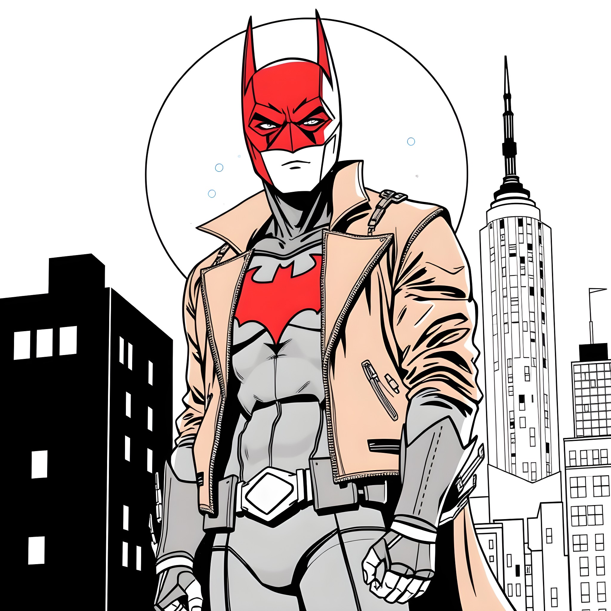Red Hood Standing Tall in the City Coloring Page (free black-and-white line drawing printable PDF for all, from beginners to advanced learners, including children, teens, adults, and seniors)