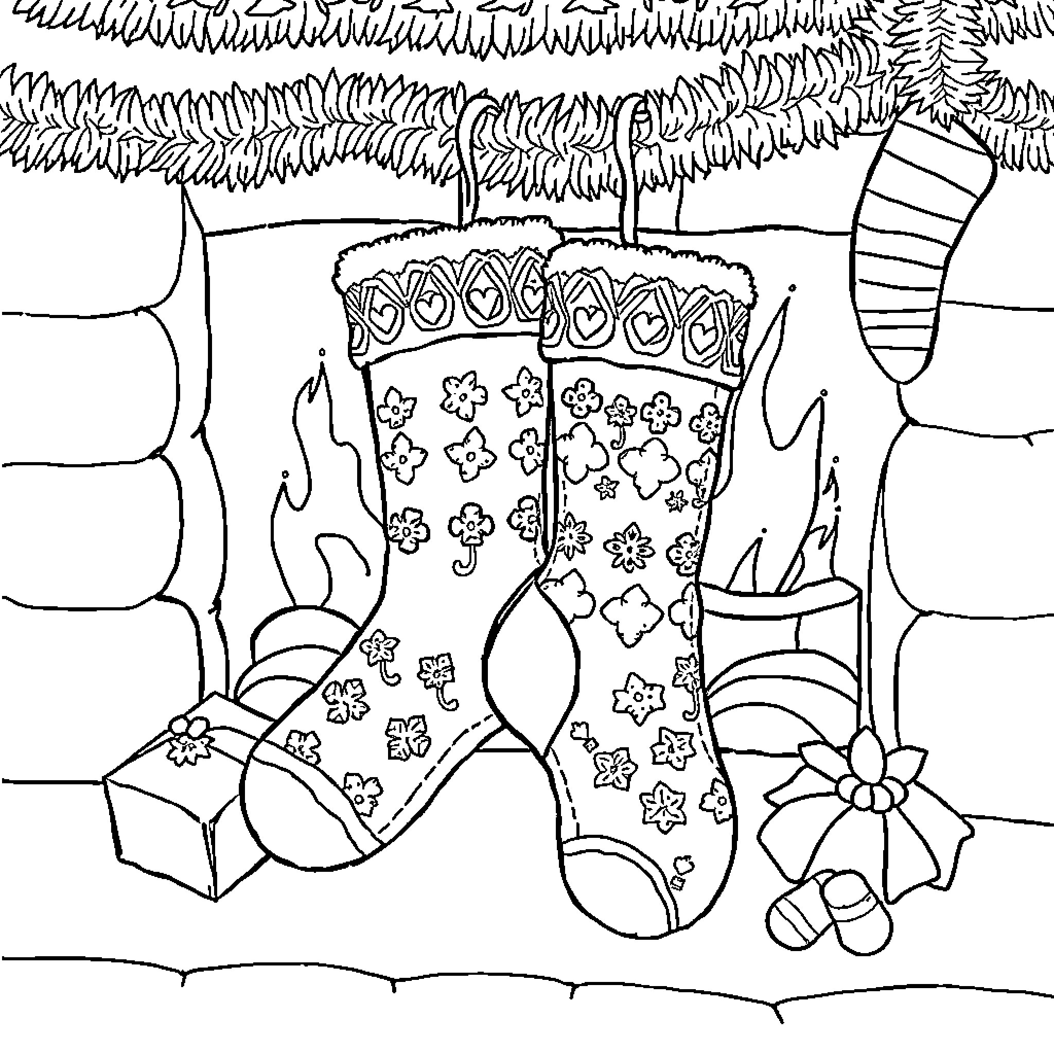 Christmas Sock with Floral Patterns and Gifts Coloring Page (free black-and-white line drawing printable PDF for all, from beginners to advanced learners, including children, teens, adults, and seniors)