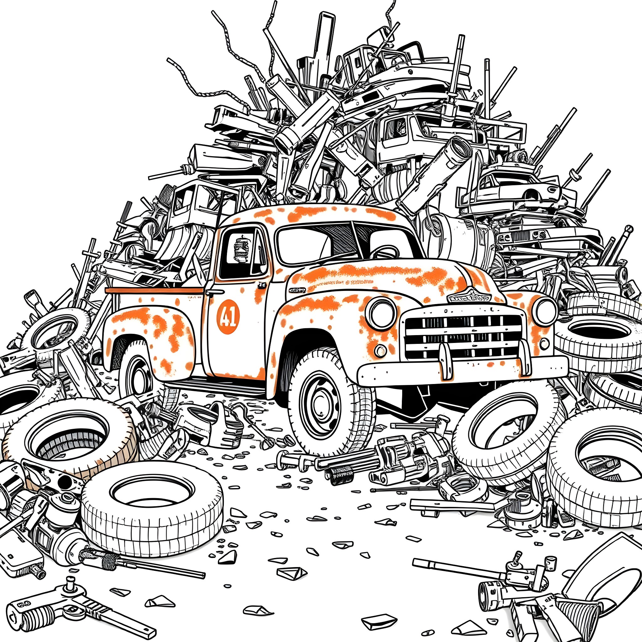 Pick Up Truck in a Pile of Junk and Scrap Metal Coloring Page (free black-and-white line drawing printable PDF for all, from beginners to advanced learners, including children, teens, adults, and seniors)