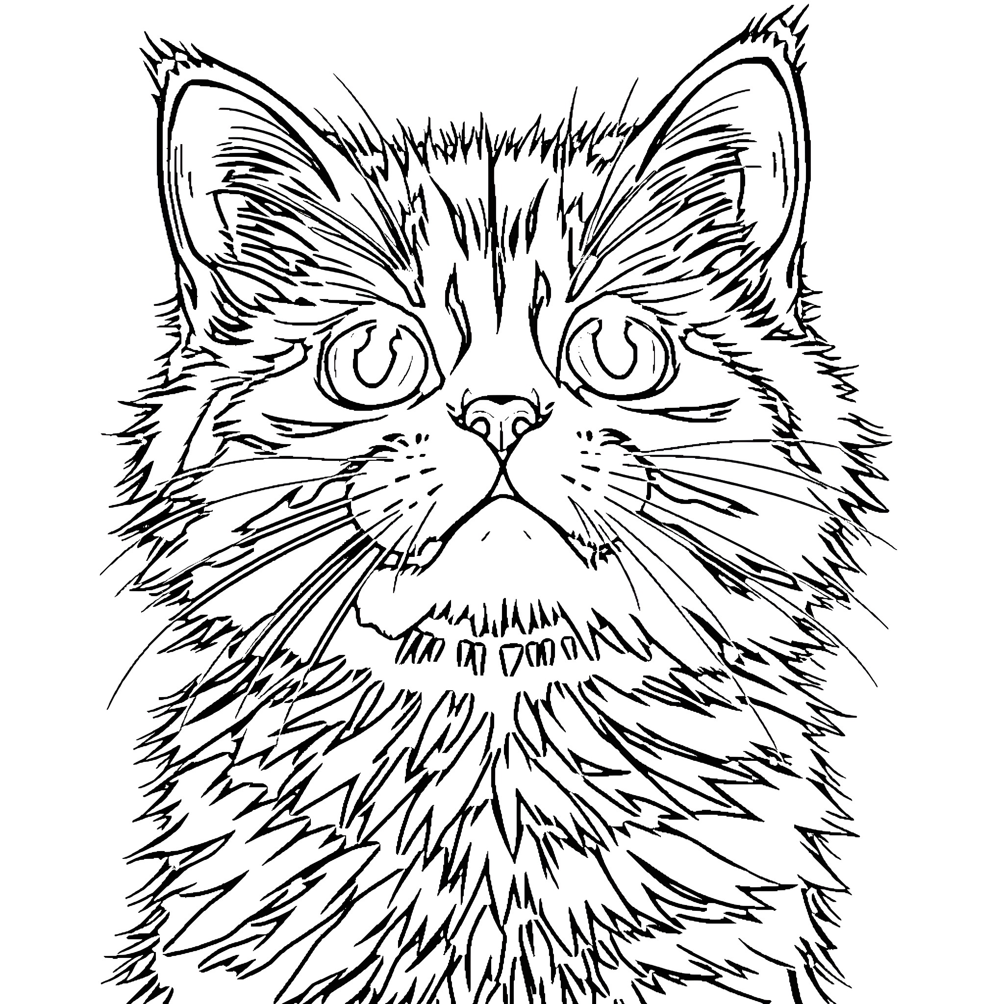 Cat with Intense Gaze Coloring Page (free black-and-white line drawing printable PDF for all, from beginners to advanced learners, including children, teens, adults, and seniors)