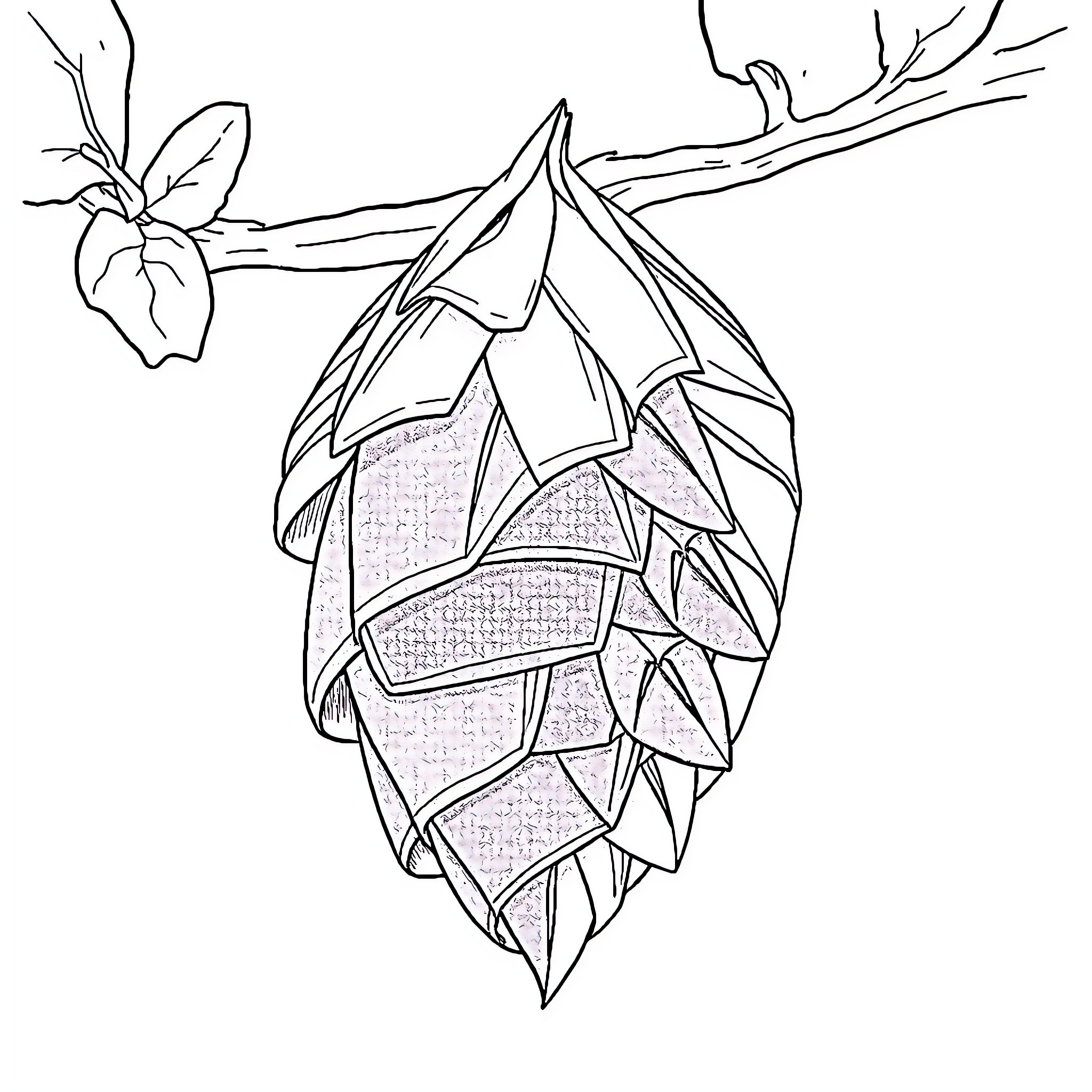 Origami Nature Illustration with Geometric Leaves Coloring Page (free black-and-white line drawing printable PDF for all, from beginners to advanced learners, including children, teens, adults, and seniors)