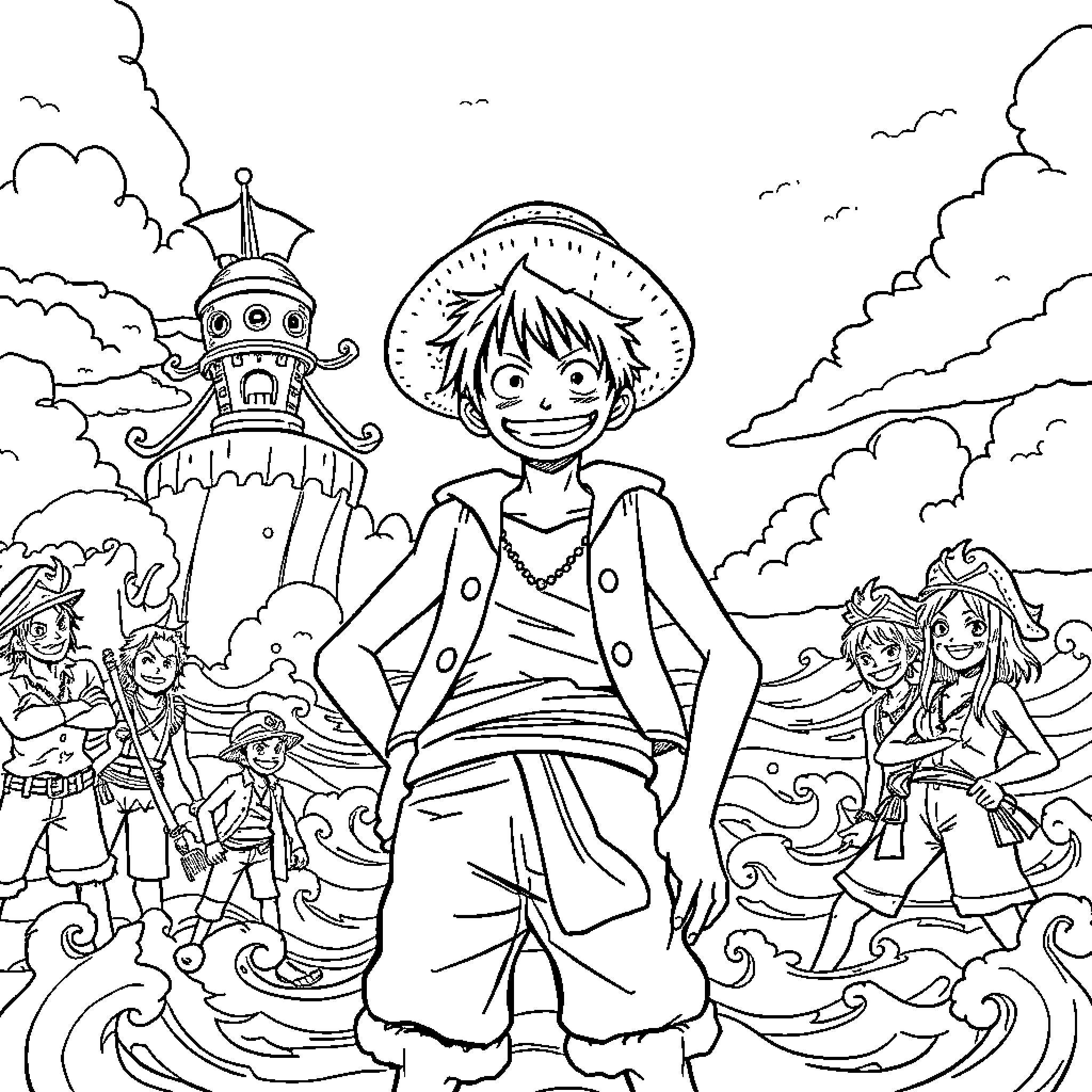Luffy's Grand Adventure with Crew in Fantastical Land Coloring Page (free black-and-white line drawing printable PDF for all, from beginners to advanced learners, including children, teens, adults, and seniors)