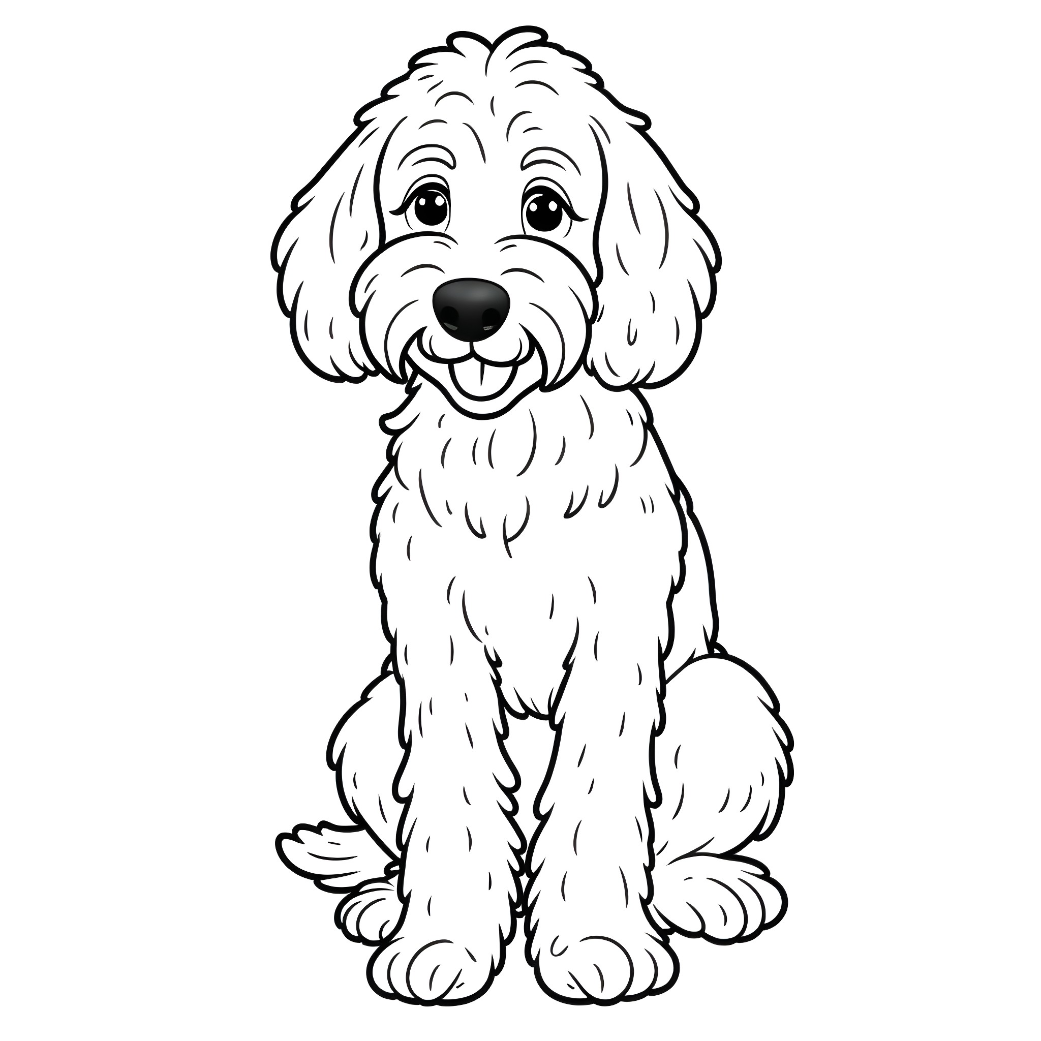 Labradoodle sitting happily Coloring Page (free black-and-white line drawing printable PDF for all, from beginners to advanced learners, including children, teens, adults, and seniors)