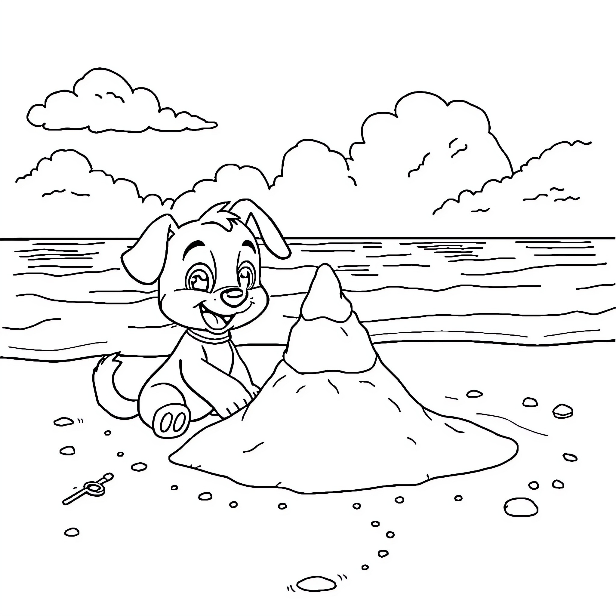 Bluey playing happily on the beach Coloring Page (free black-and-white line drawing printable PDF for all, from beginners to advanced learners, including children, teens, adults, and seniors)