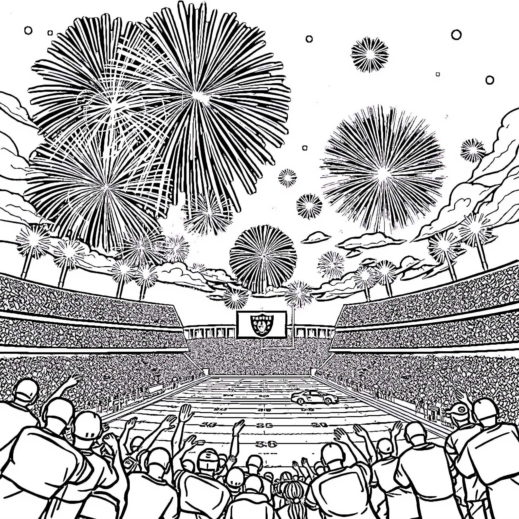Firework display over a crowded sports stadium Coloring Page (free black-and-white line drawing printable PDF for all, from beginners to advanced learners, including children, teens, adults, and seniors)