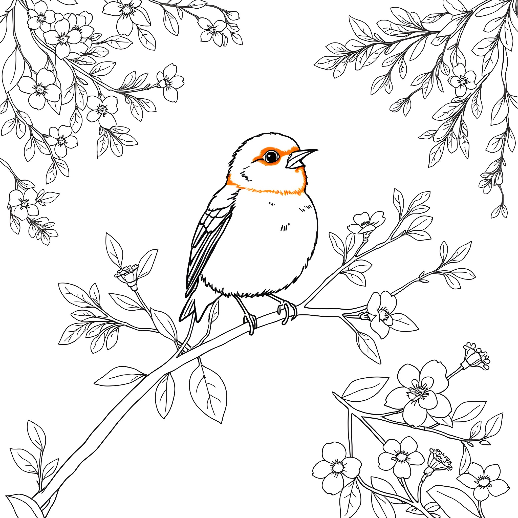 Bird perched on a branch surrounded by flowers Coloring Page (free black-and-white line drawing printable PDF for all, from beginners to advanced learners, including children, teens, adults, and seniors)
