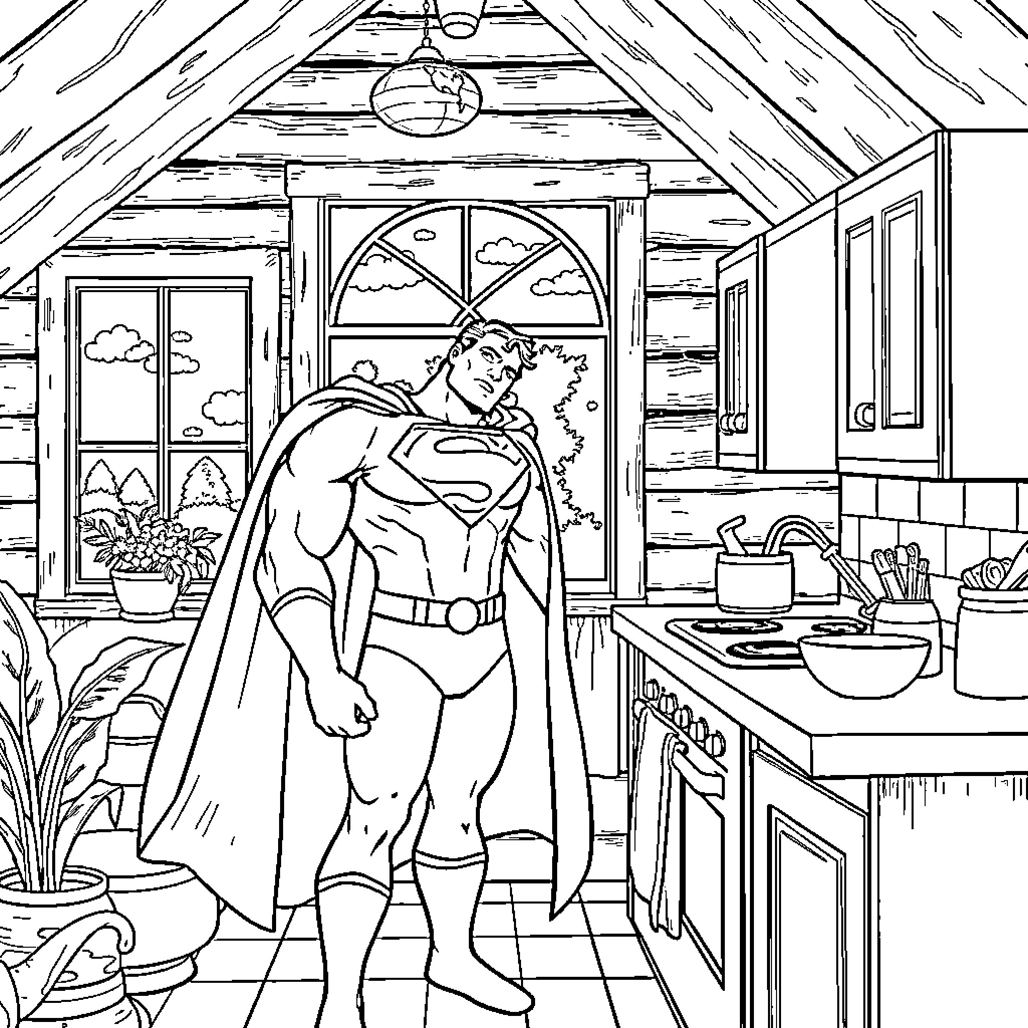 Superman rescuing someone in a cozy cabin Coloring Page (free black-and-white line drawing printable PDF for all, from beginners to advanced learners, including children, teens, adults, and seniors)