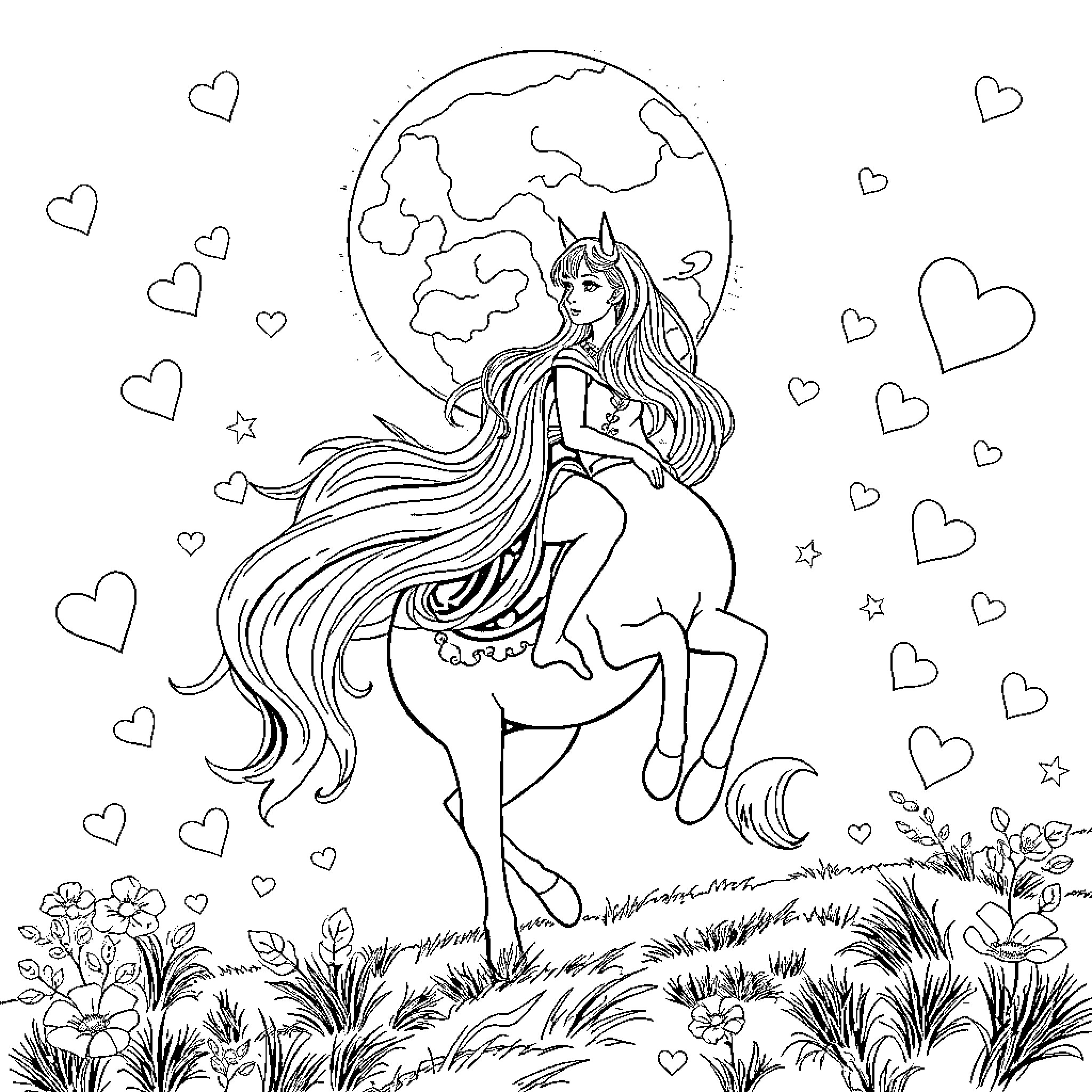 Elza riding a unicorn under the moonlit sky Coloring Page (free black-and-white line drawing printable PDF for all, from beginners to advanced learners, including children, teens, adults, and seniors)