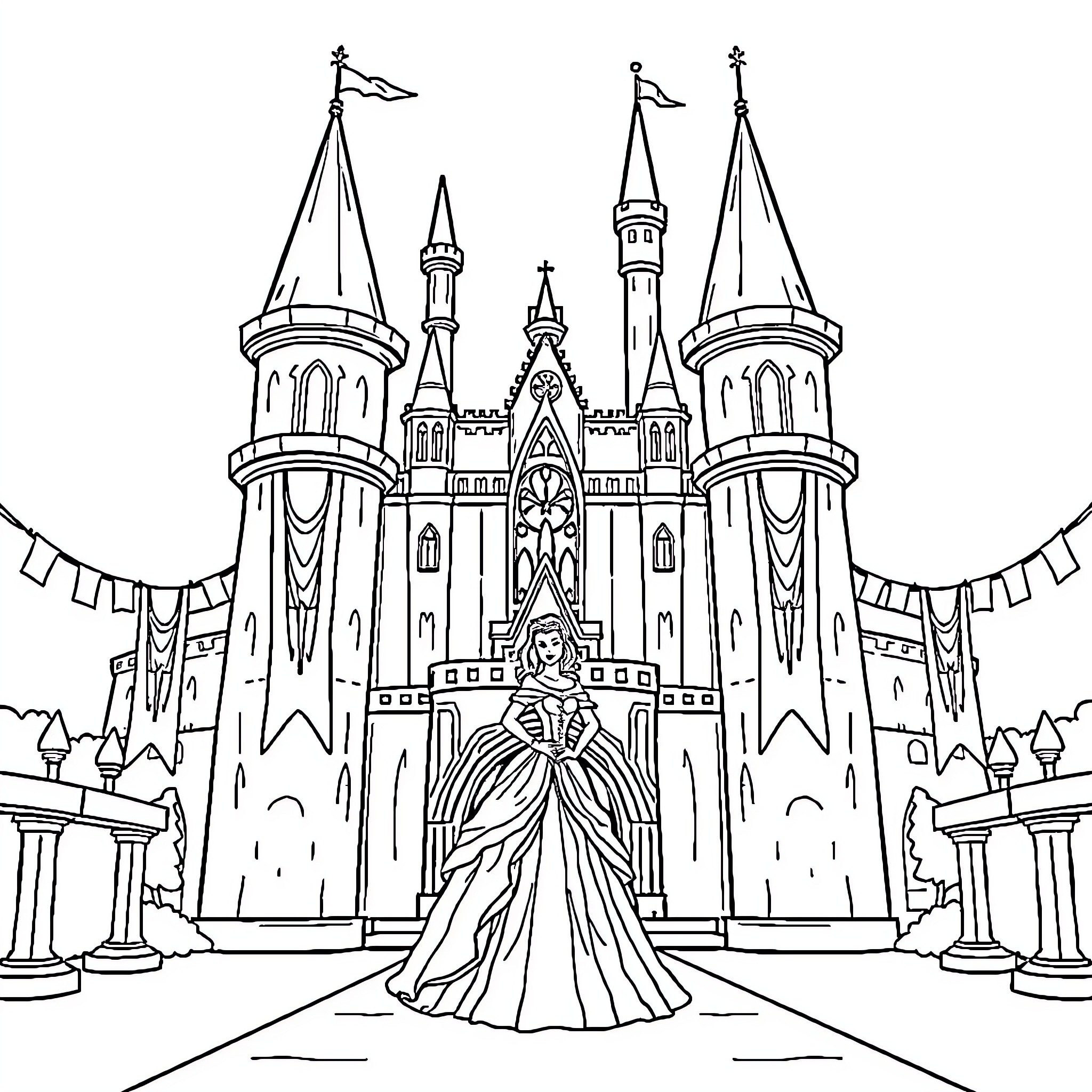 Princess in a Regal Castle Scene Coloring Page (free black-and-white line drawing printable PDF for all, from beginners to advanced learners, including children, teens, adults, and seniors)