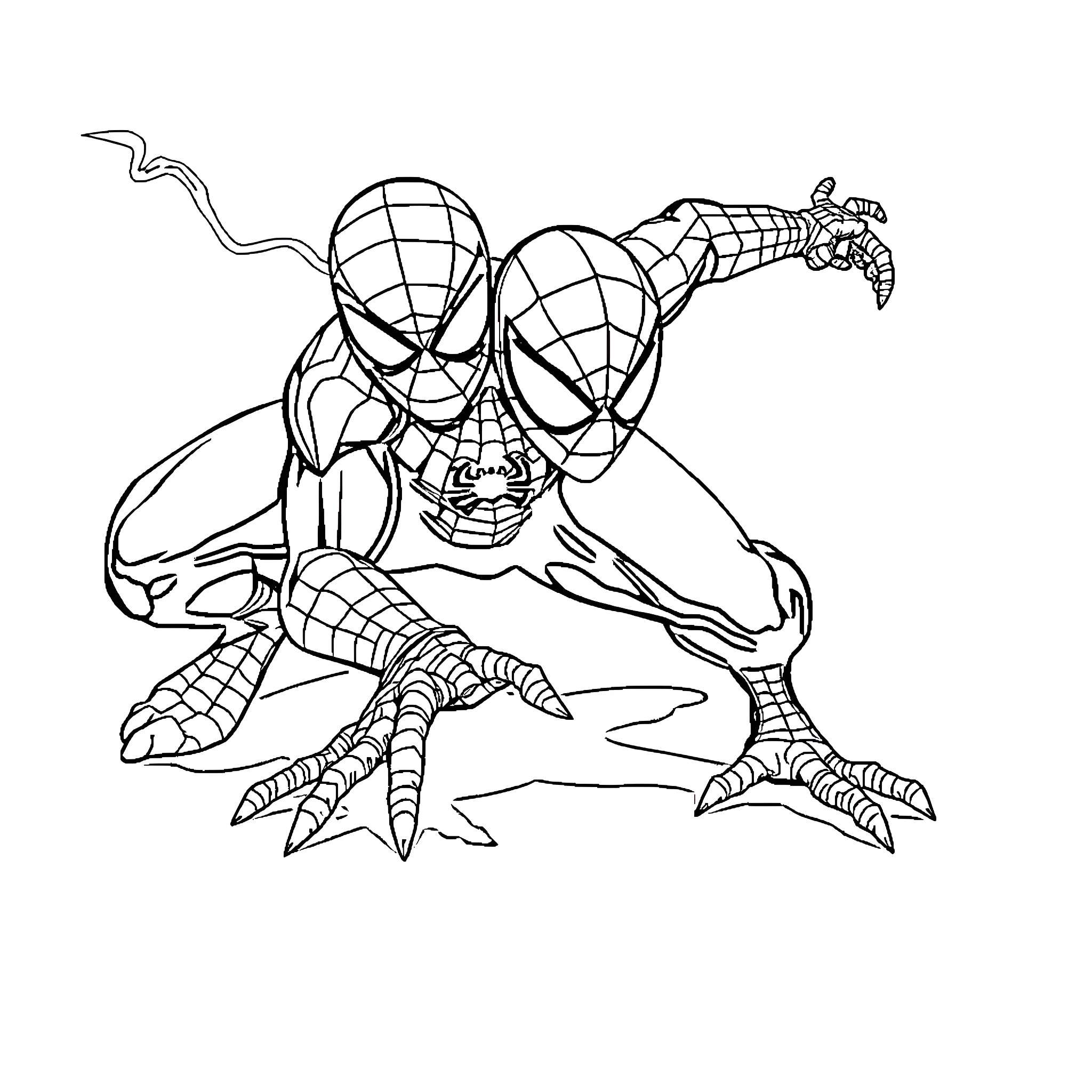 Spiderman in action pose with web-slinging device Coloring Page (free black-and-white line drawing printable PDF for all, from beginners to advanced learners, including children, teens, adults, and seniors)