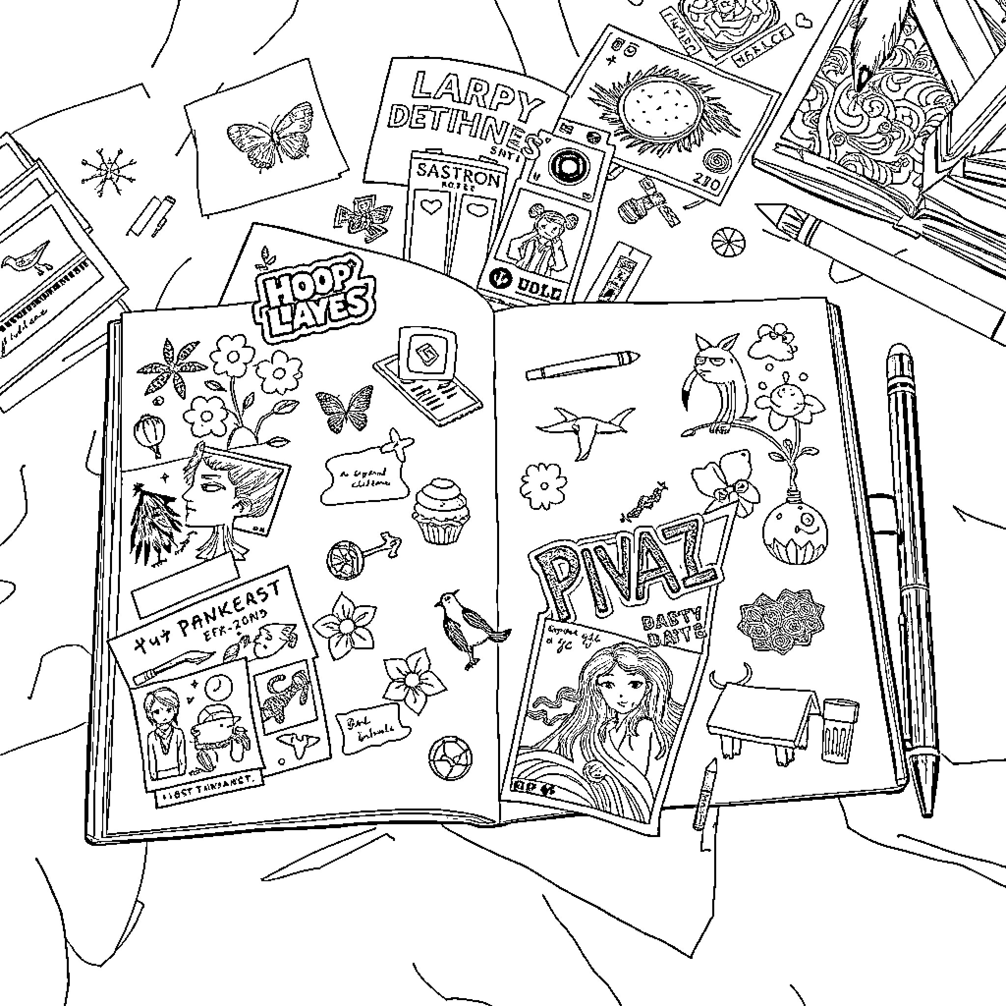 Journal of Doodles and Sketches Coloring Page (free black-and-white line drawing printable PDF for all, from beginners to advanced learners, including children, teens, adults, and seniors)