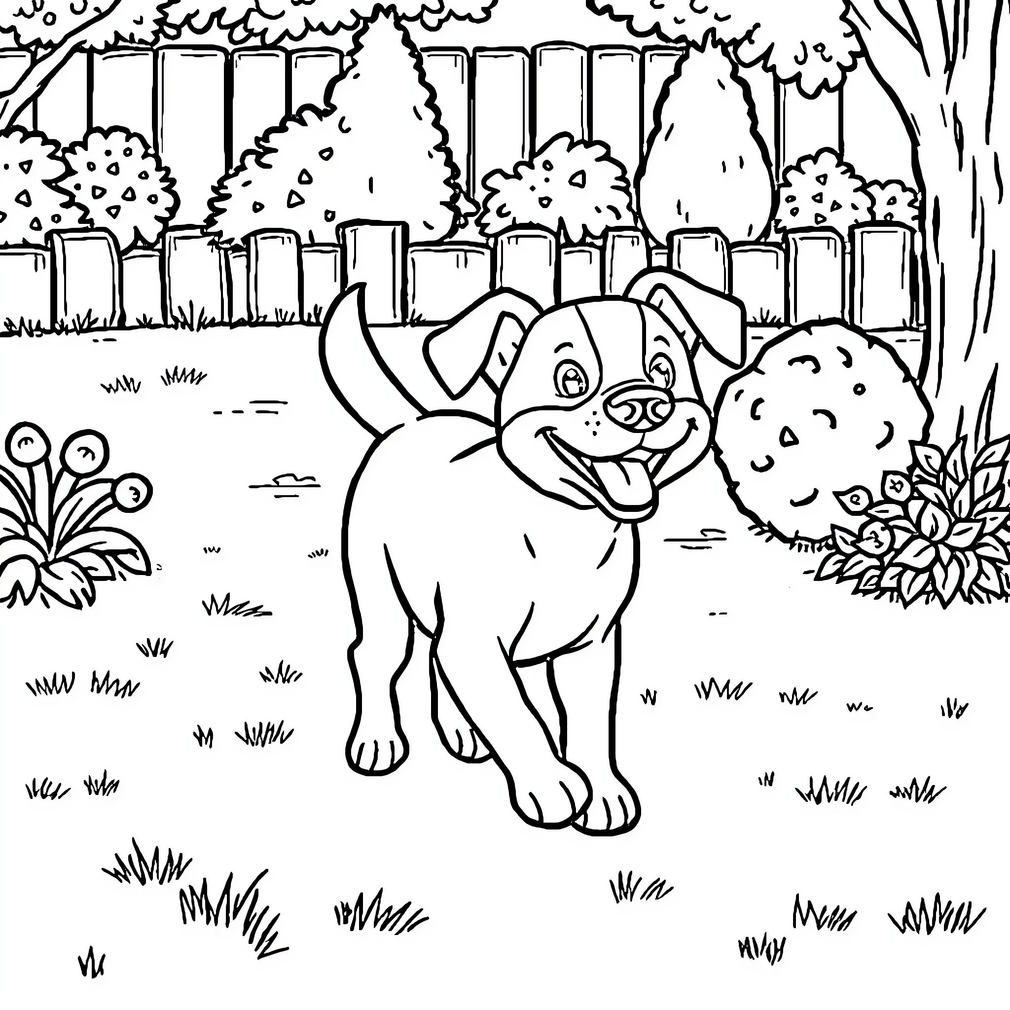 Dog happily playing in the forest landscape Coloring Page (free black-and-white line drawing printable PDF for all, from beginners to advanced learners, including children, teens, adults, and seniors)
