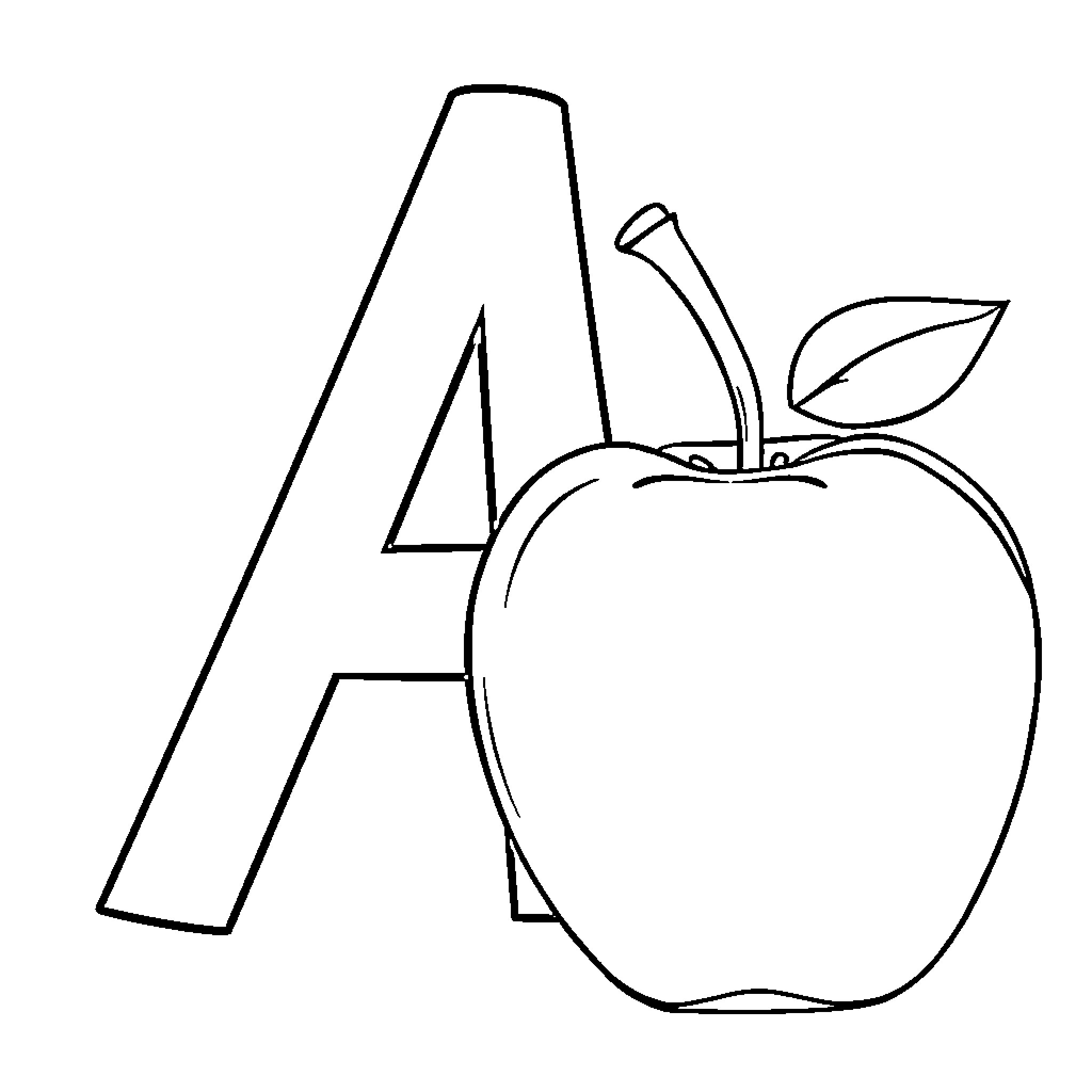 Apple-shaped letter A with fruit illustration Coloring Page (free black-and-white line drawing printable PDF for all, from beginners to advanced learners, including children, teens, adults, and seniors)