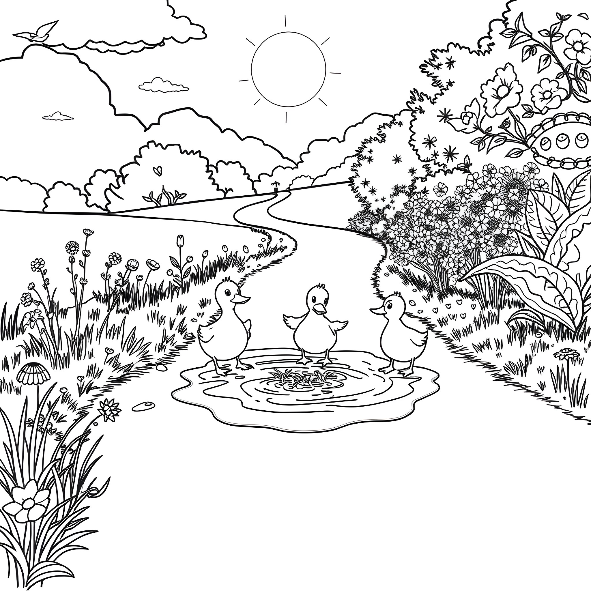 Ducklings playing in a pond under the sun Coloring Page (free black-and-white line drawing printable PDF for all, from beginners to advanced learners, including children, teens, adults, and seniors)
