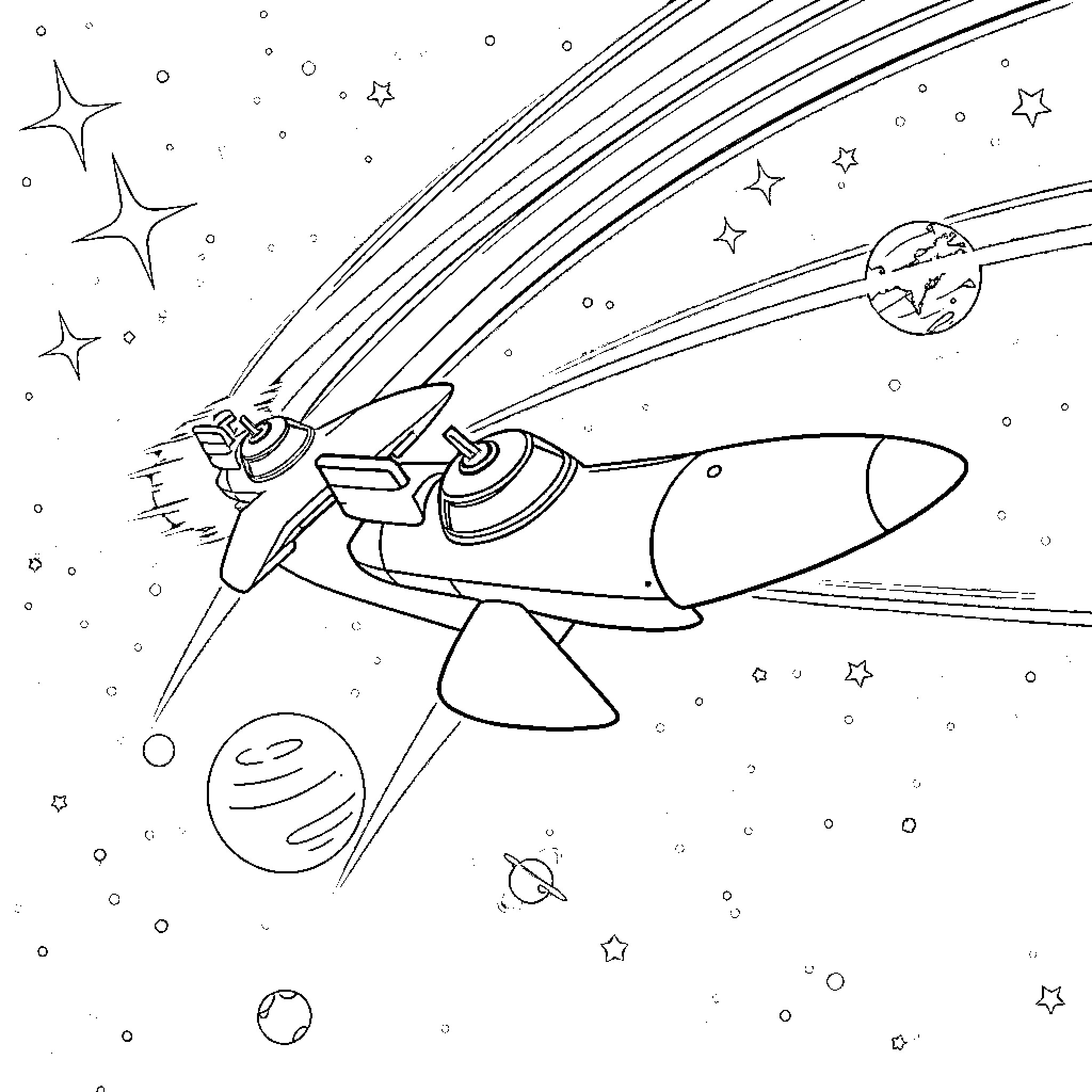 Formula 1 Rocket Ship Soaring Through Cosmic Space Coloring Page (free black-and-white line drawing printable PDF for all, from beginners to advanced learners, including children, teens, adults, and seniors)