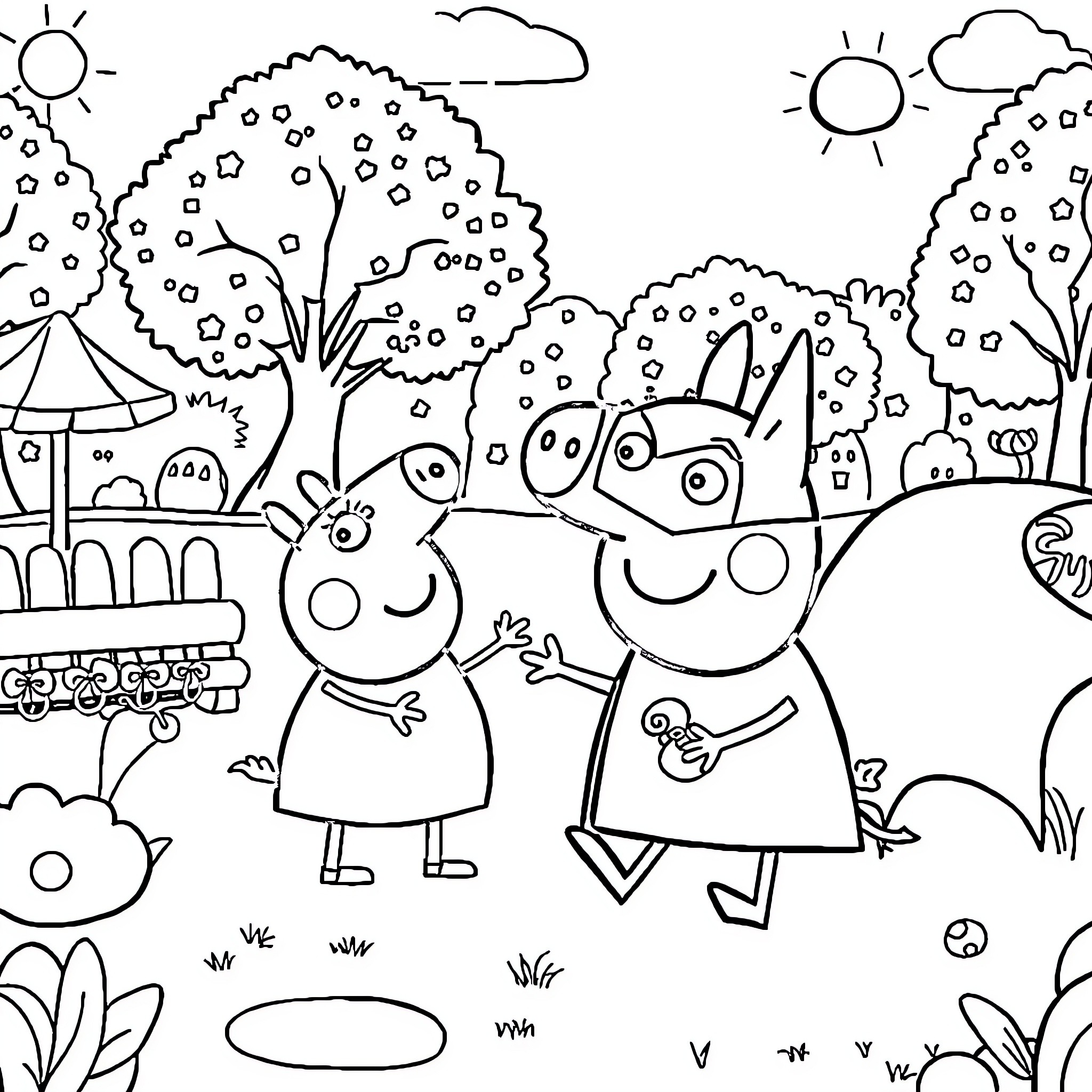 Peppa Pig and friend enjoying the outdoors Coloring Page (free black-and-white line drawing printable PDF for all, from beginners to advanced learners, including children, teens, adults, and seniors)