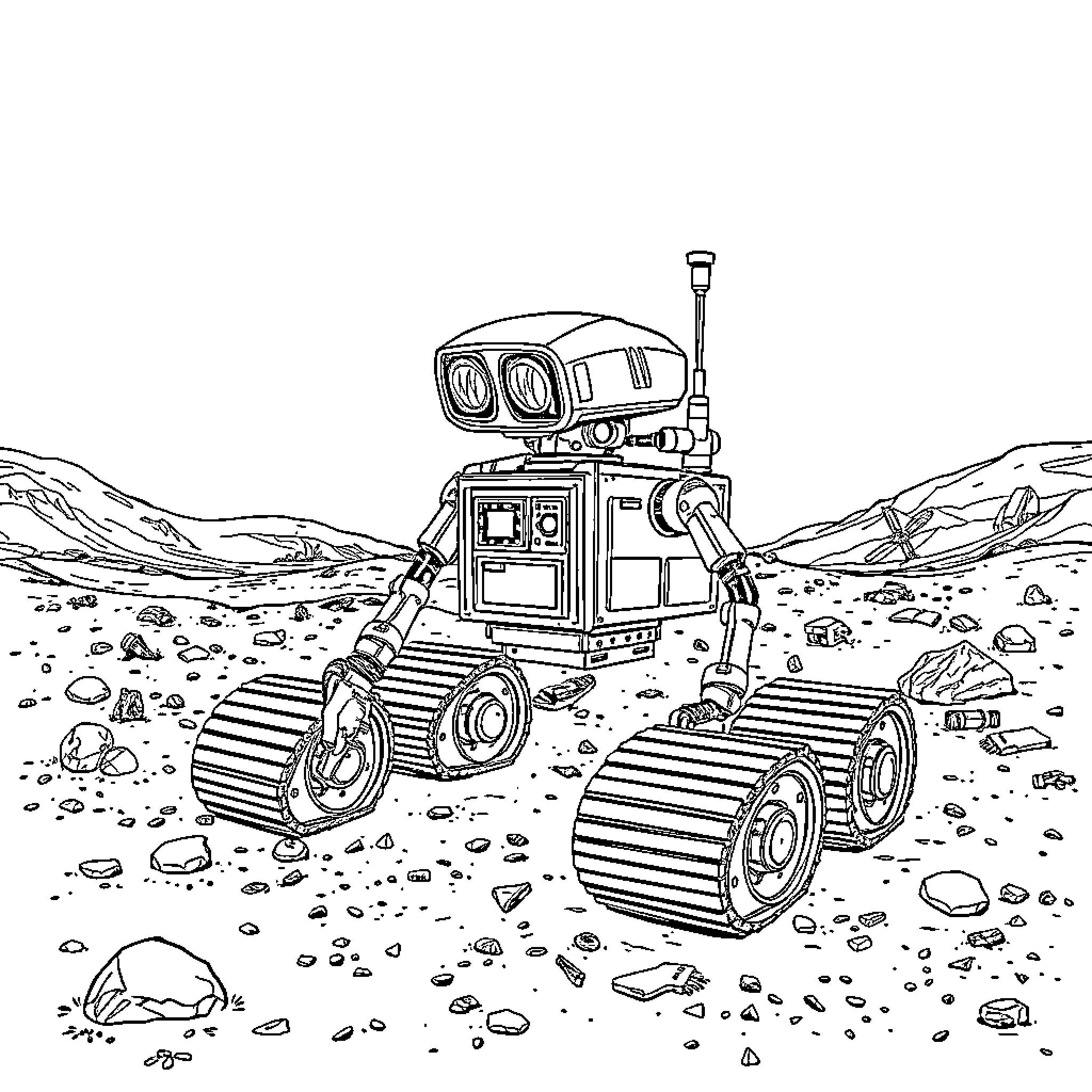 Robot Exploring Desolate Alien Landscape Coloring Page (free black-and-white line drawing printable PDF for all, from beginners to advanced learners, including children, teens, adults, and seniors)