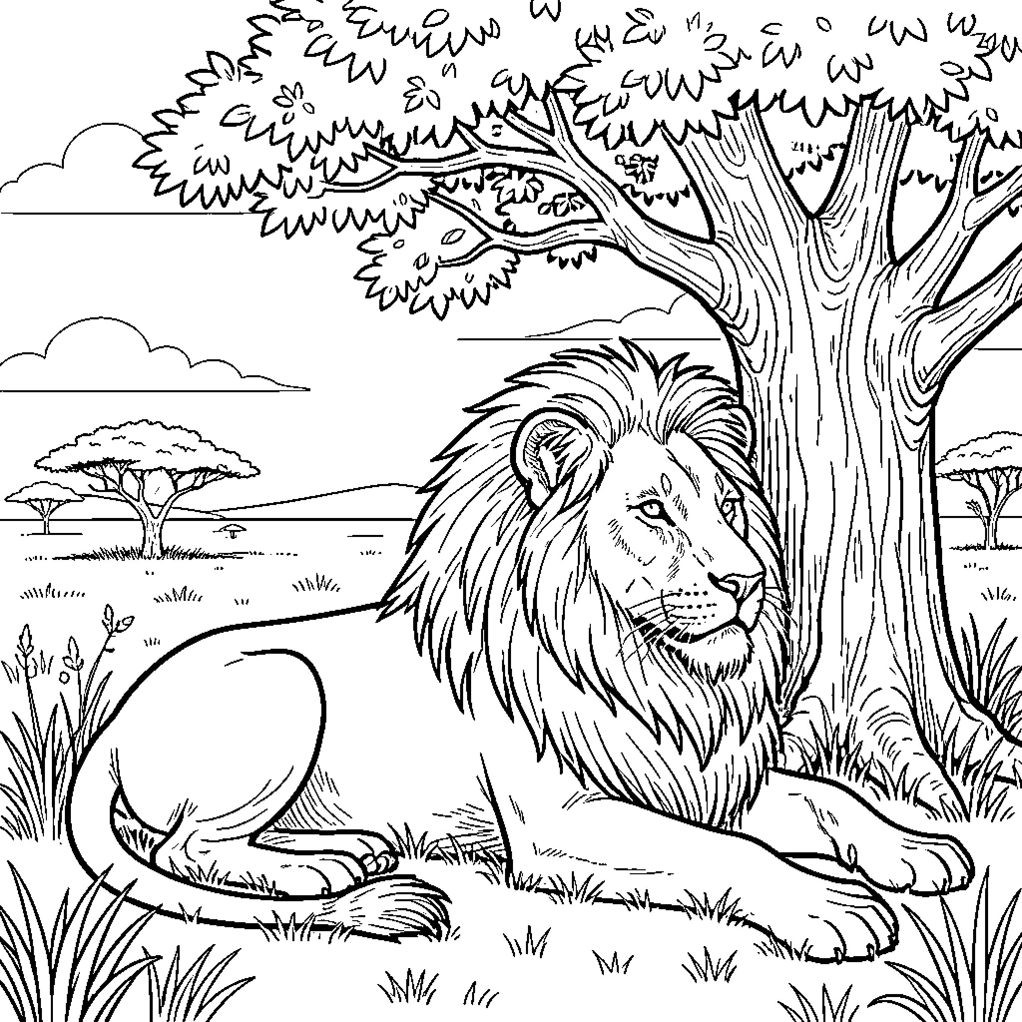 Lion resting under the large tree in a peaceful savanna landscape Coloring Page (free black-and-white line drawing printable PDF for all, from beginners to advanced learners, including children, teens, adults, and seniors)
