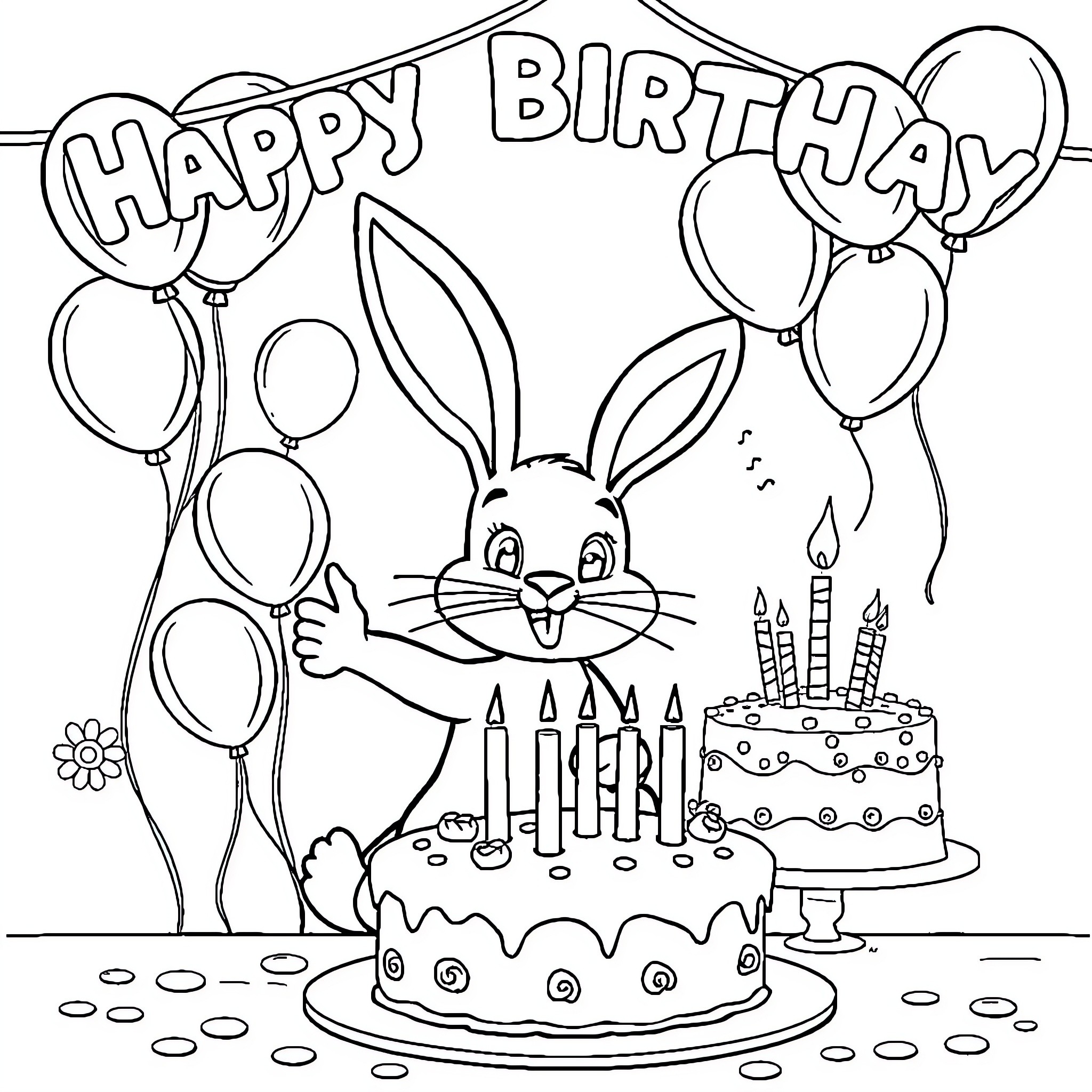 Bunny celebrating happy birthday with cake and balloons Coloring Page (free black-and-white line drawing printable PDF for all, from beginners to advanced learners, including children, teens, adults, and seniors)