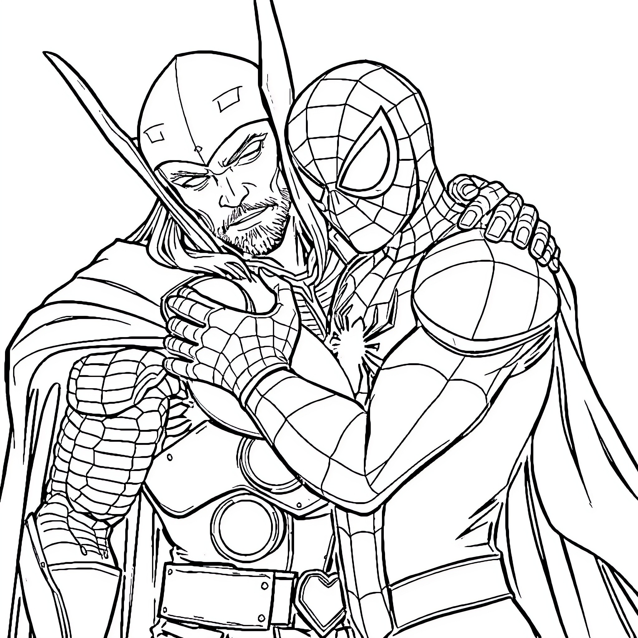 Spiderman and Superhero Duo in Action Coloring Page (free black-and-white line drawing printable PDF for all, from beginners to advanced learners, including children, teens, adults, and seniors)