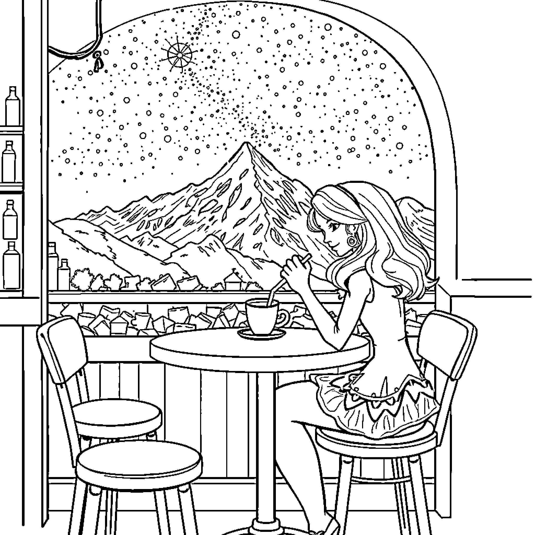 Stella's Cozy Winter Retreat Coloring Page (free black-and-white line drawing printable PDF for all, from beginners to advanced learners, including children, teens, adults, and seniors)