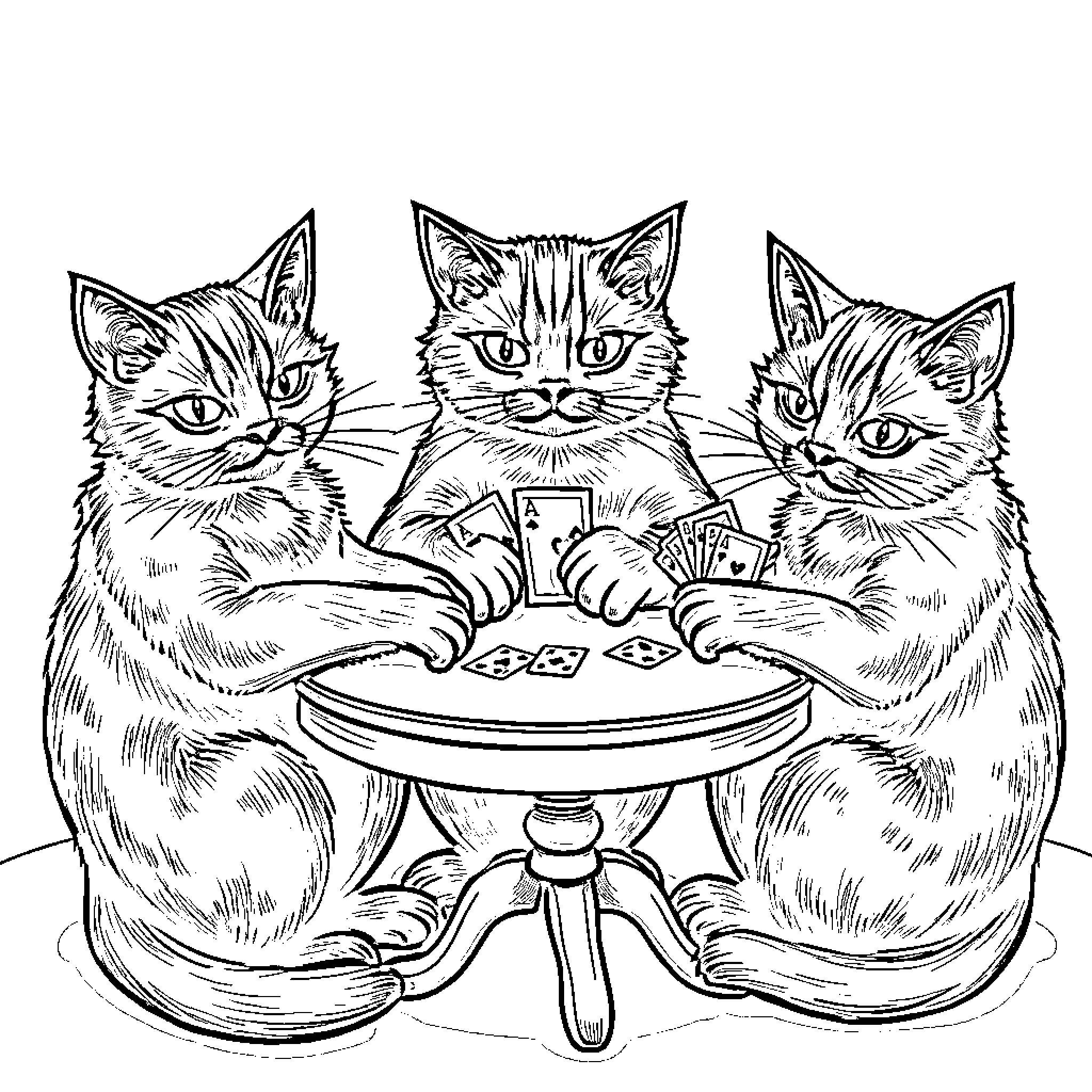 Black Cats Playing Cards Together Coloring Page (free black-and-white line drawing printable PDF for all, from beginners to advanced learners, including children, teens, adults, and seniors)