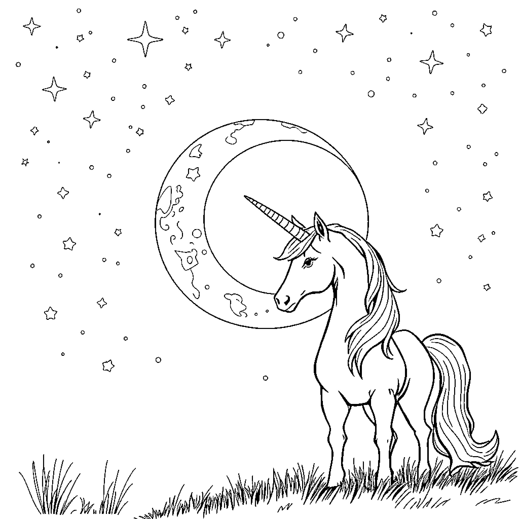 Unicorn gazing at the starry night sky Coloring Page (free black-and-white line drawing printable PDF for all, from beginners to advanced learners, including children, teens, adults, and seniors)