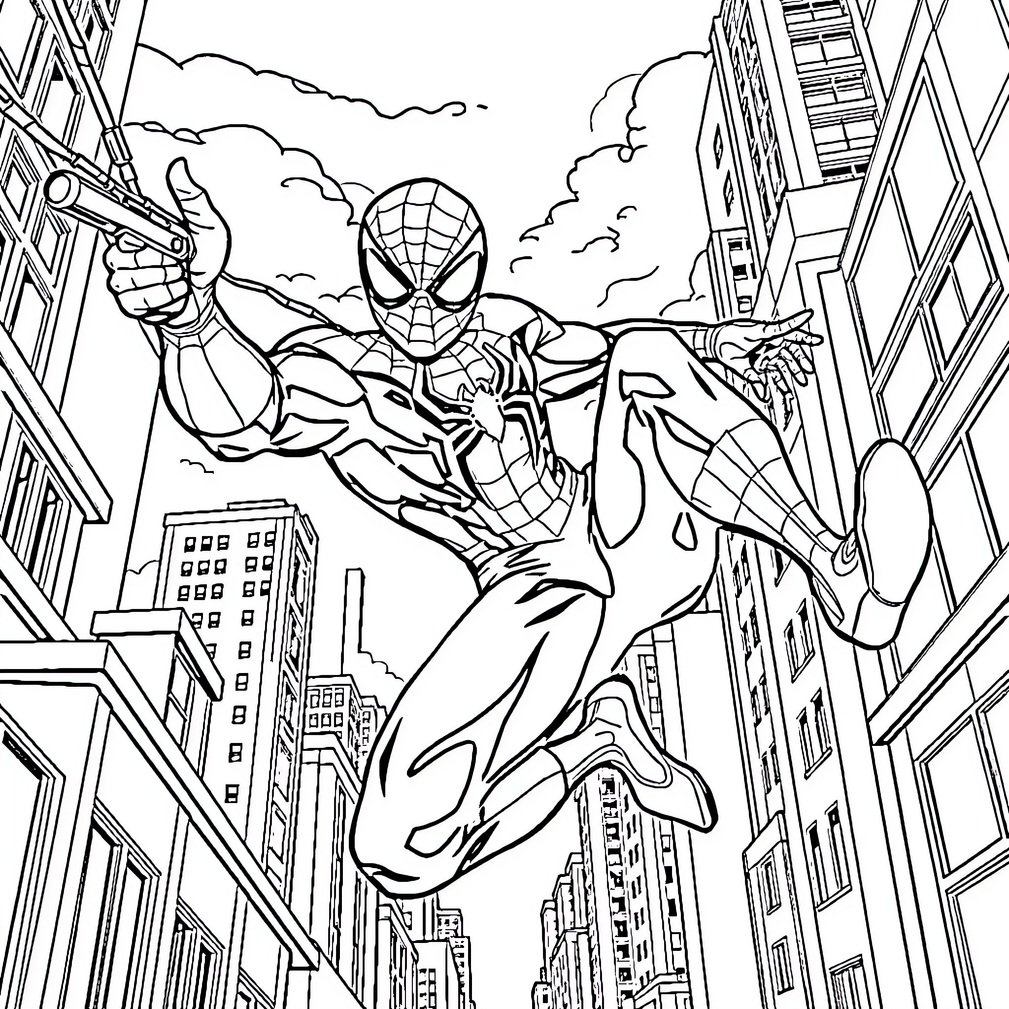 Spiderman swinging through the city skyline Coloring Page (free black-and-white line drawing printable PDF for all, from beginners to advanced learners, including children, teens, adults, and seniors)