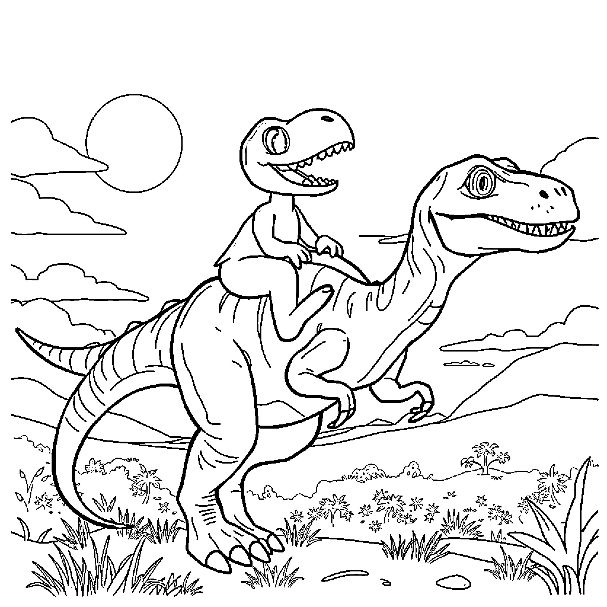 Bluey's Prehistoric Adventure Coloring Page (free black-and-white line drawing printable PDF for all, from beginners to advanced learners, including children, teens, adults, and seniors)