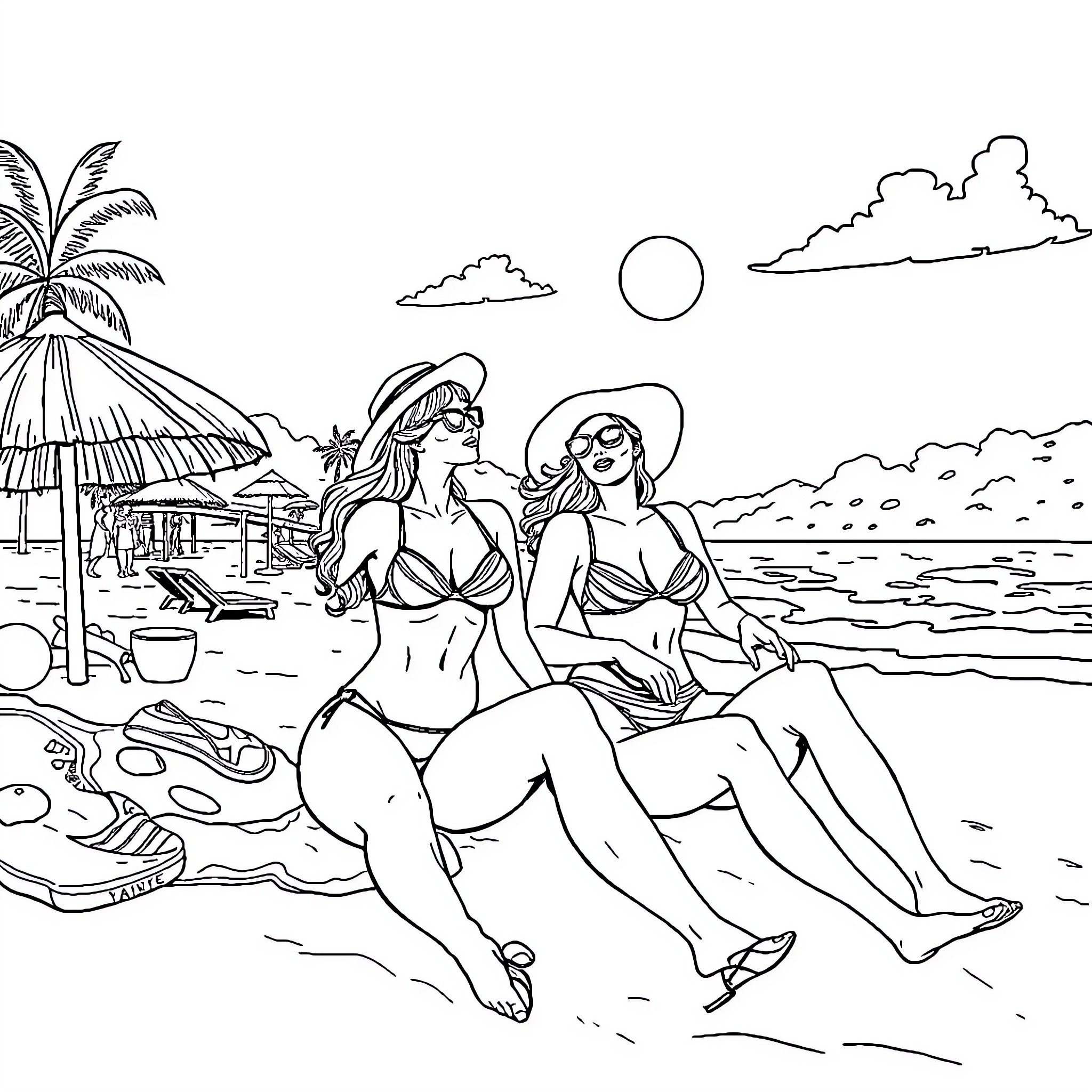 Women relaxing on the beach Coloring Page (free black-and-white line drawing printable PDF for all, from beginners to advanced learners, including children, teens, adults, and seniors)