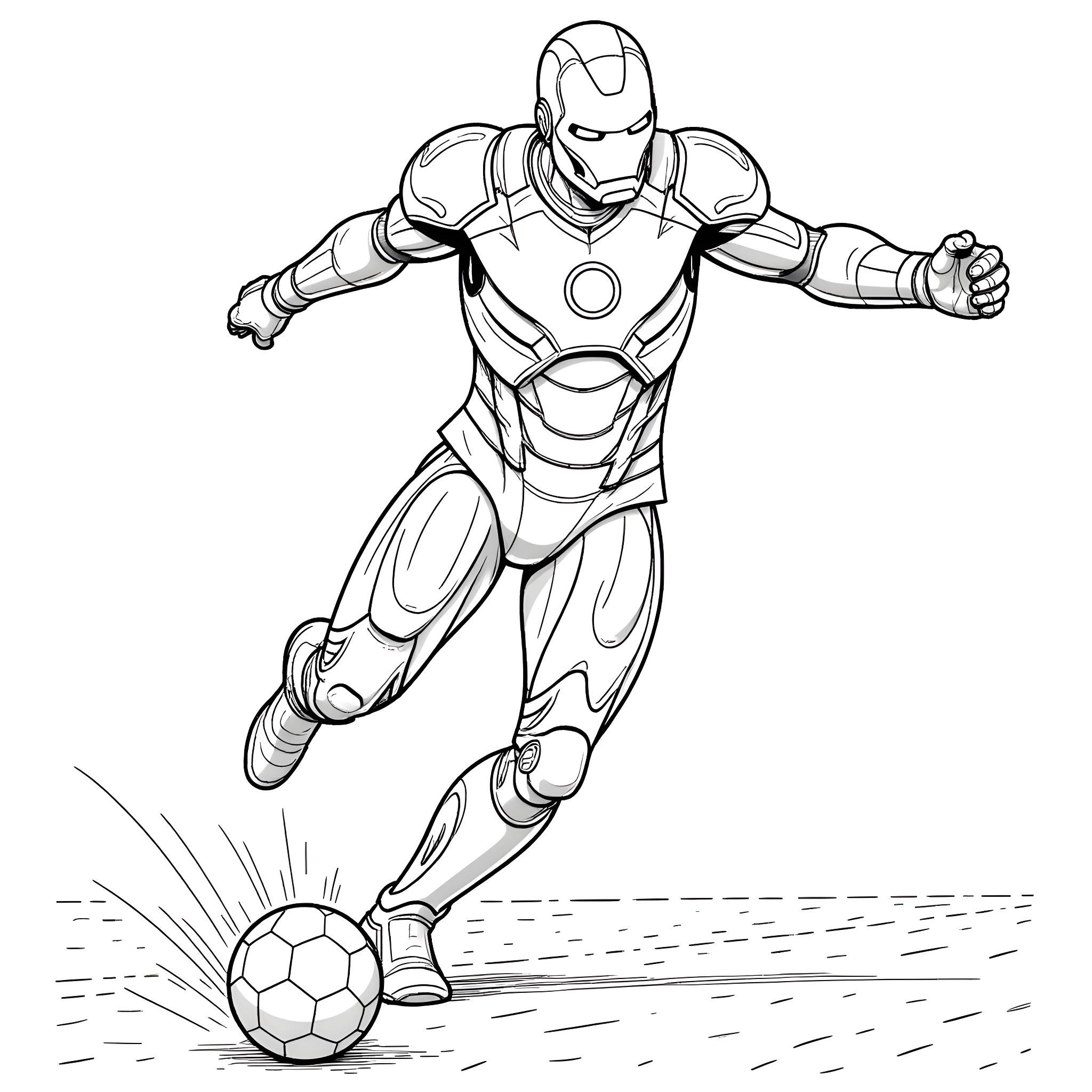 Iron Man playing soccer in his iconic suit Coloring Page (free black-and-white line drawing printable PDF for all, from beginners to advanced learners, including children, teens, adults, and seniors)