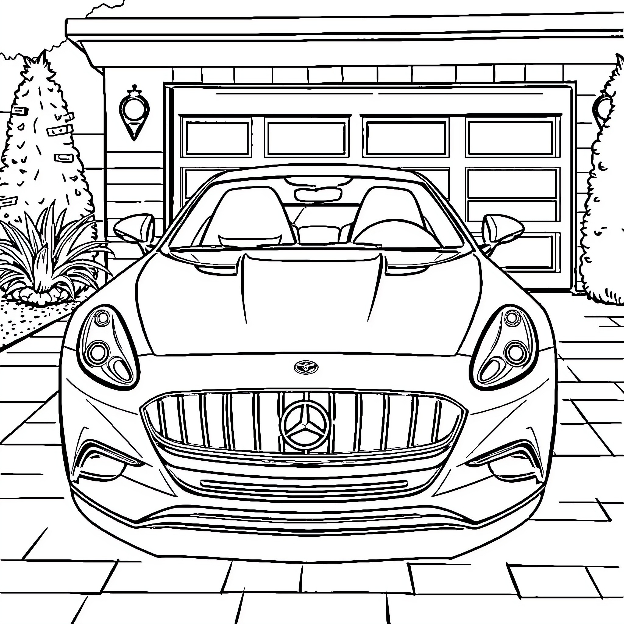 Car parked in front of garage Coloring Page (free black-and-white line drawing printable PDF for all, from beginners to advanced learners, including children, teens, adults, and seniors)