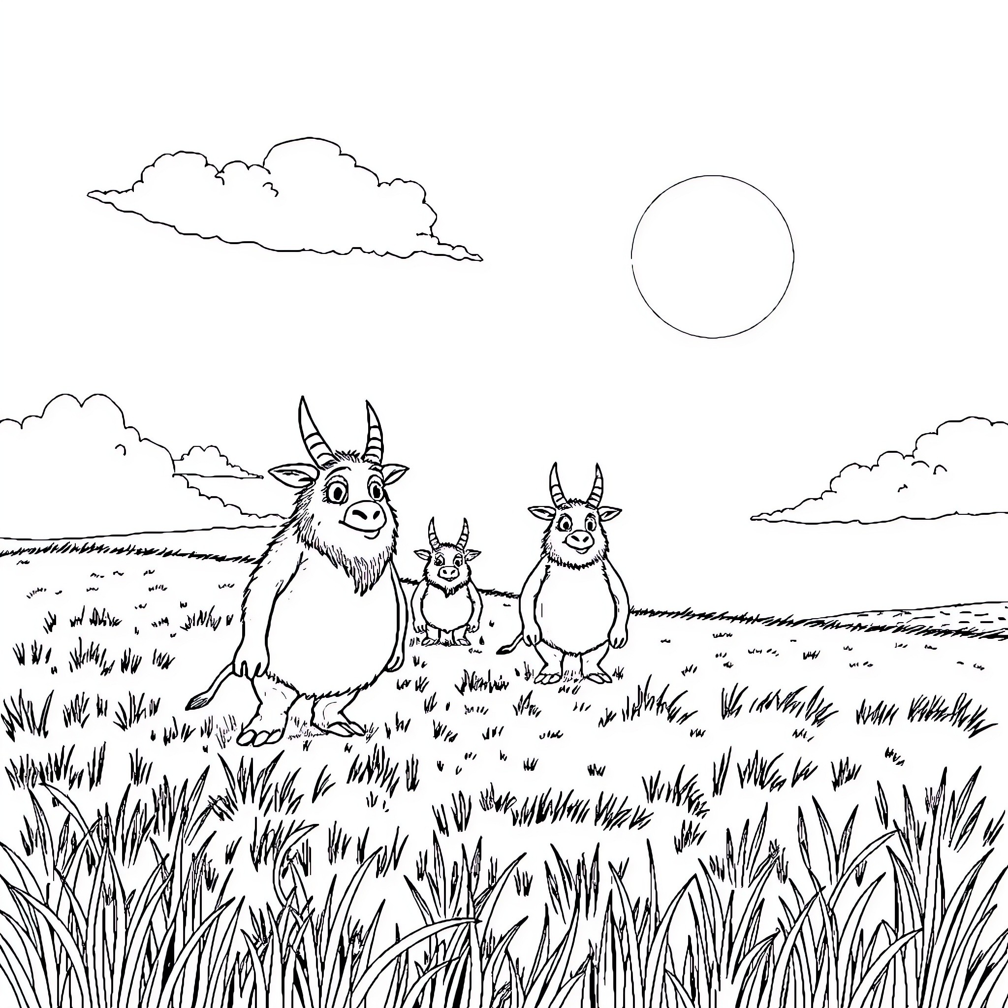 Bokoblin trio in a serene grassy field Coloring Page (free black-and-white line drawing printable PDF for all, from beginners to advanced learners, including children, teens, adults, and seniors)