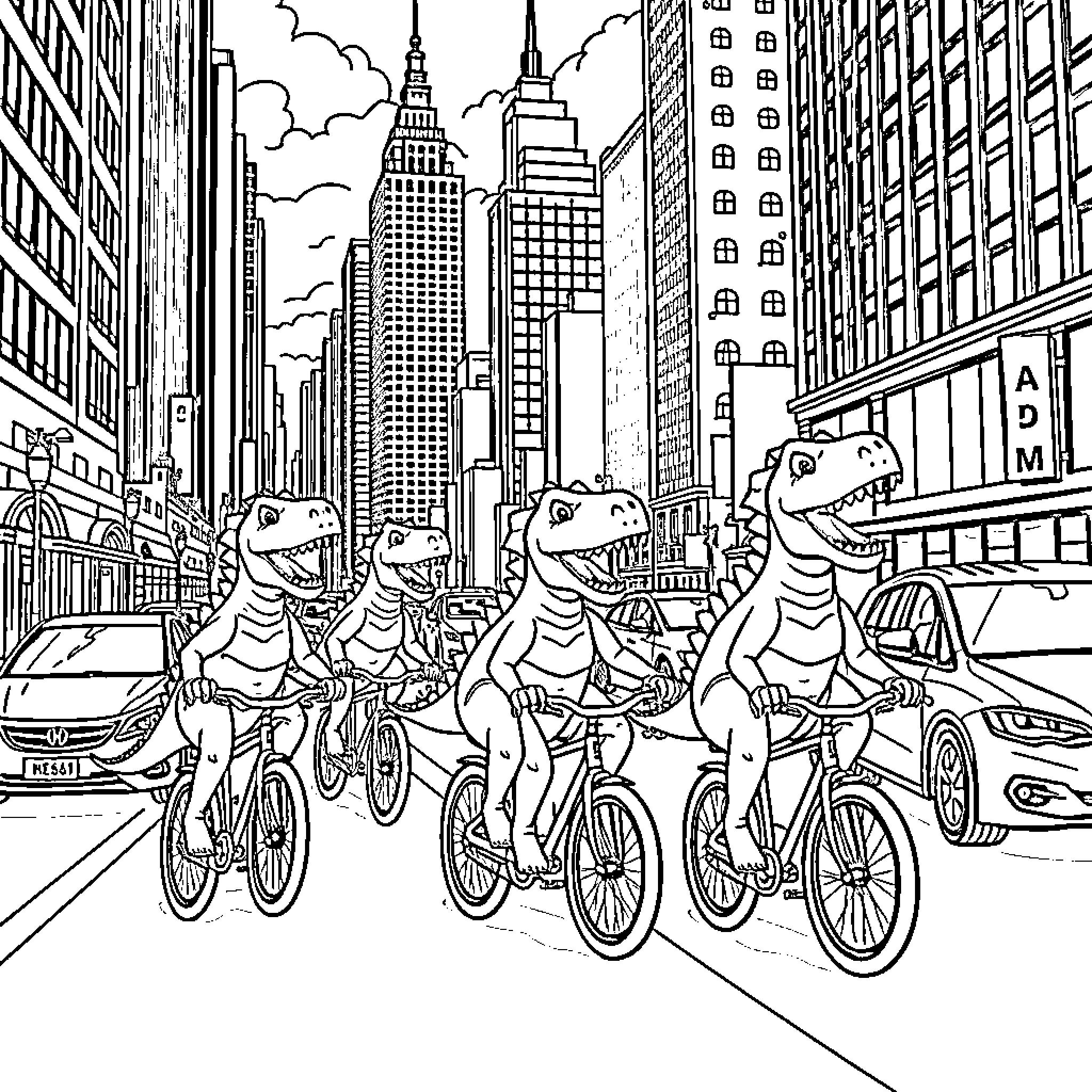 Dinosaur Cyclists Exploring the City Coloring Page (free black-and-white line drawing printable PDF for all, from beginners to advanced learners, including children, teens, adults, and seniors)