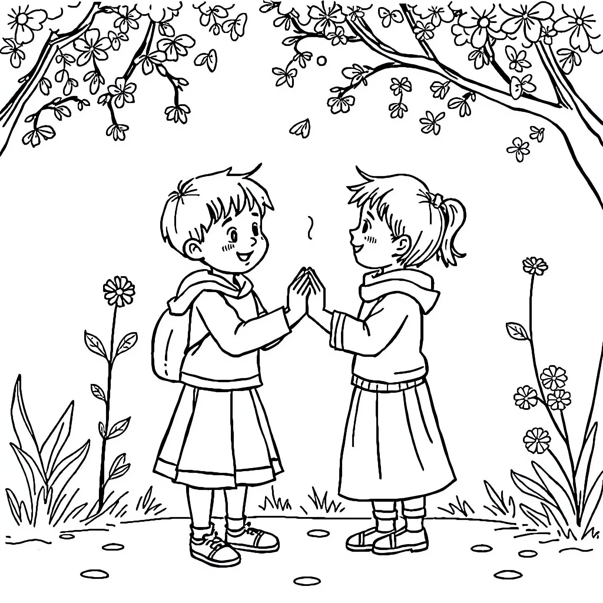 Kids holding hands in flower garden Coloring Page (free black-and-white line drawing printable PDF for all, from beginners to advanced learners, including children, teens, adults, and seniors)